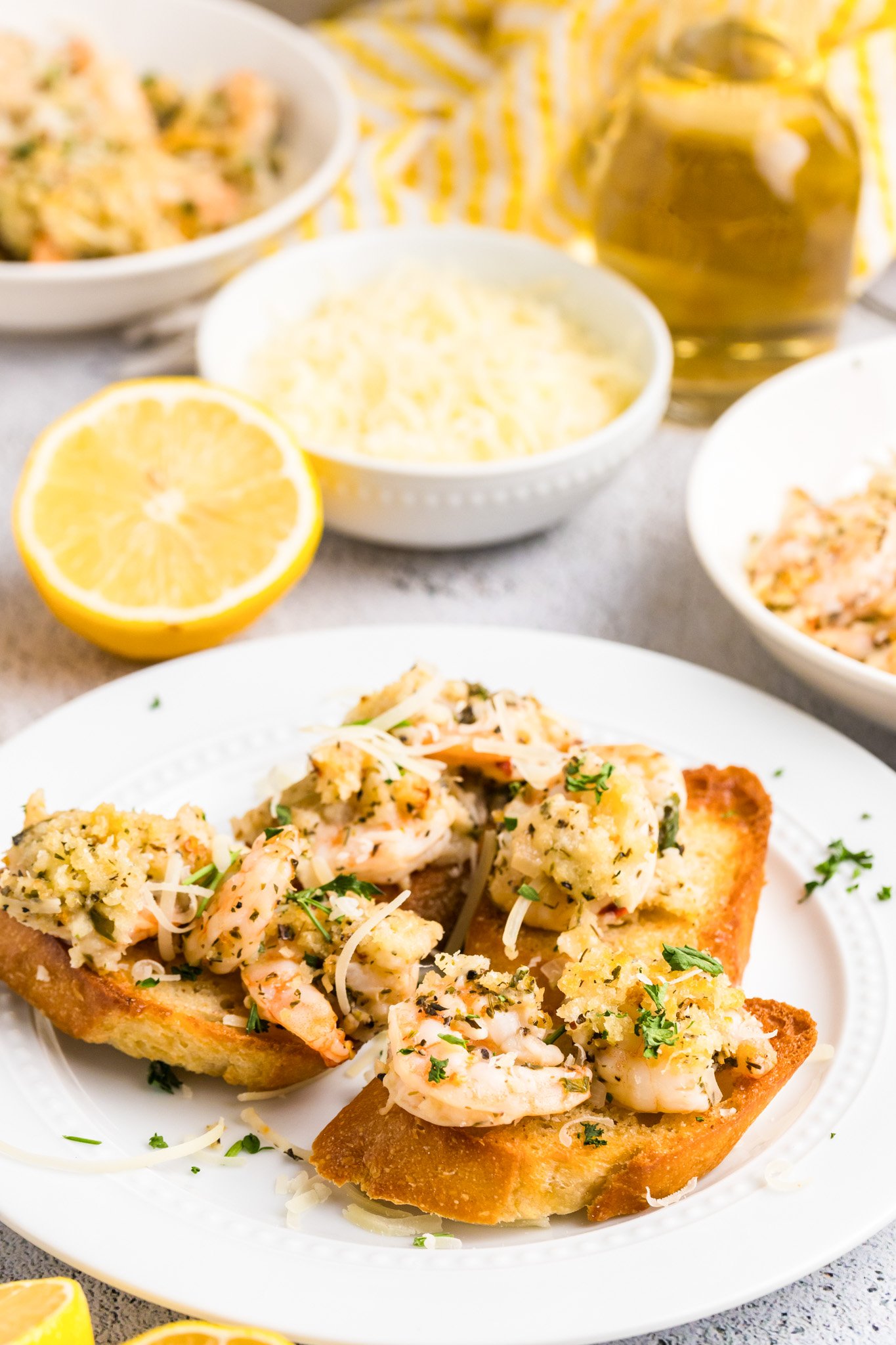 Easy Breaded Shrimp on bread on a white plate 