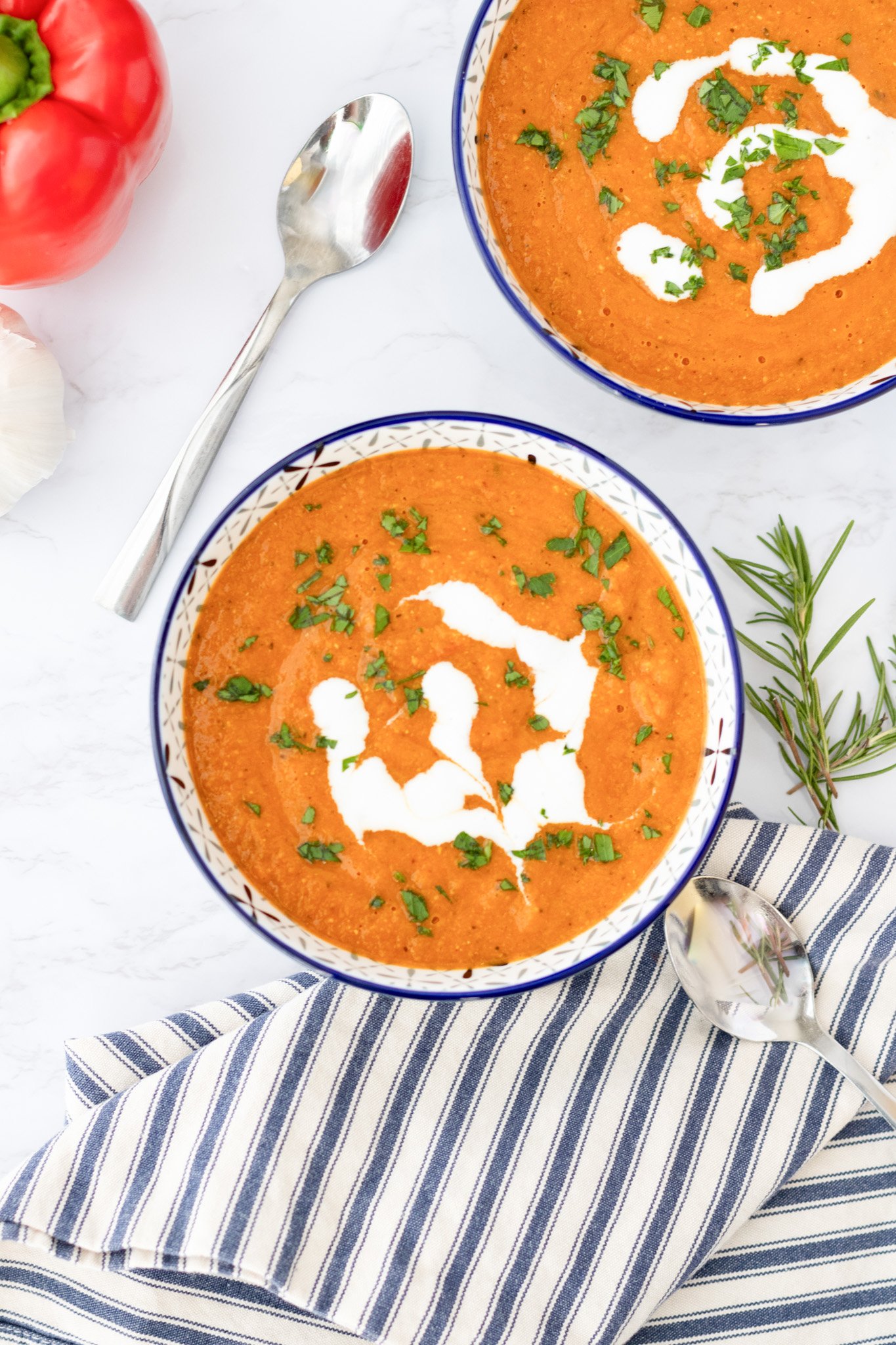 Lentil Tomato Soup in white and blue bowls 