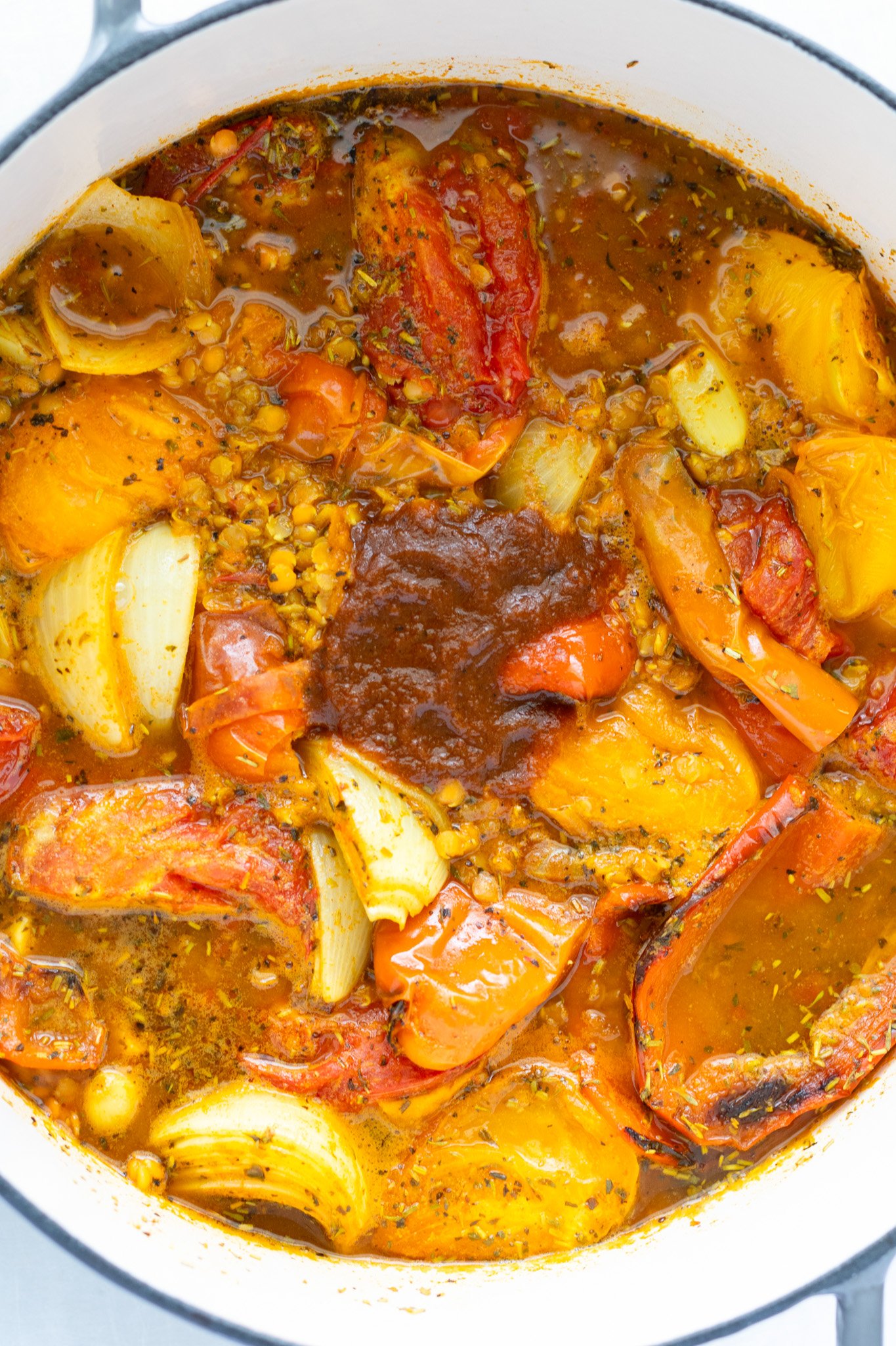 Lentil Tomato Soup soup ingredients in a dutch oven 