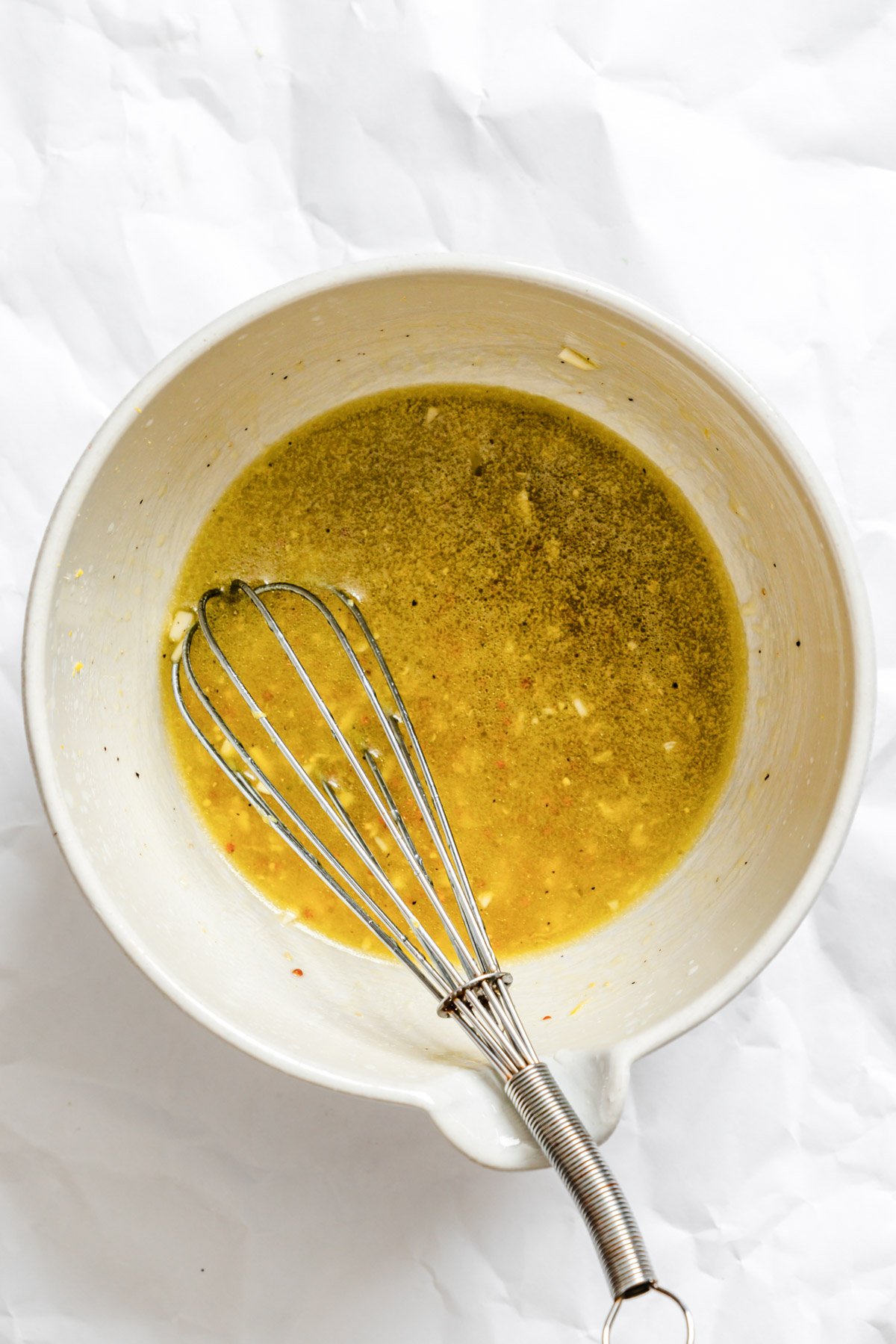 Brussels Sprout Slaw dressing ingredients in bowl
