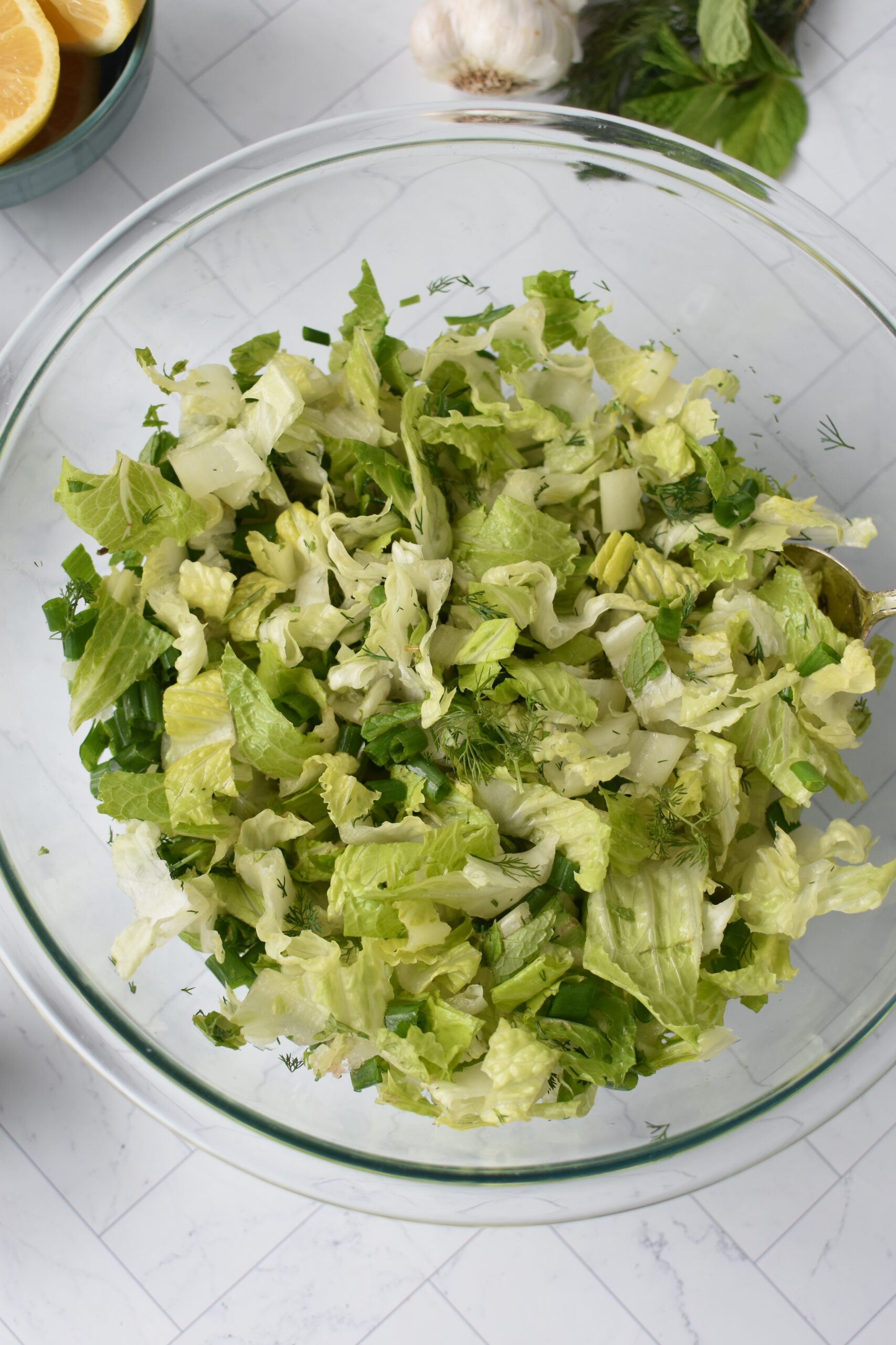 Maroulosalata in a clear bowl 