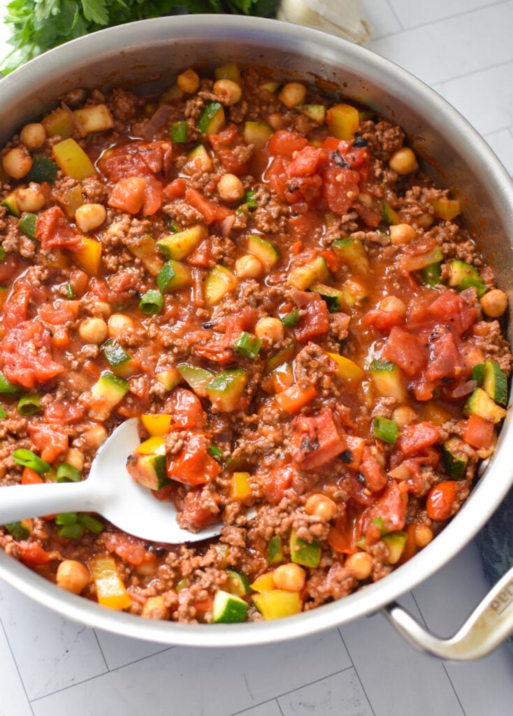Mediterranean Ground Beef Skillet in a skillet 