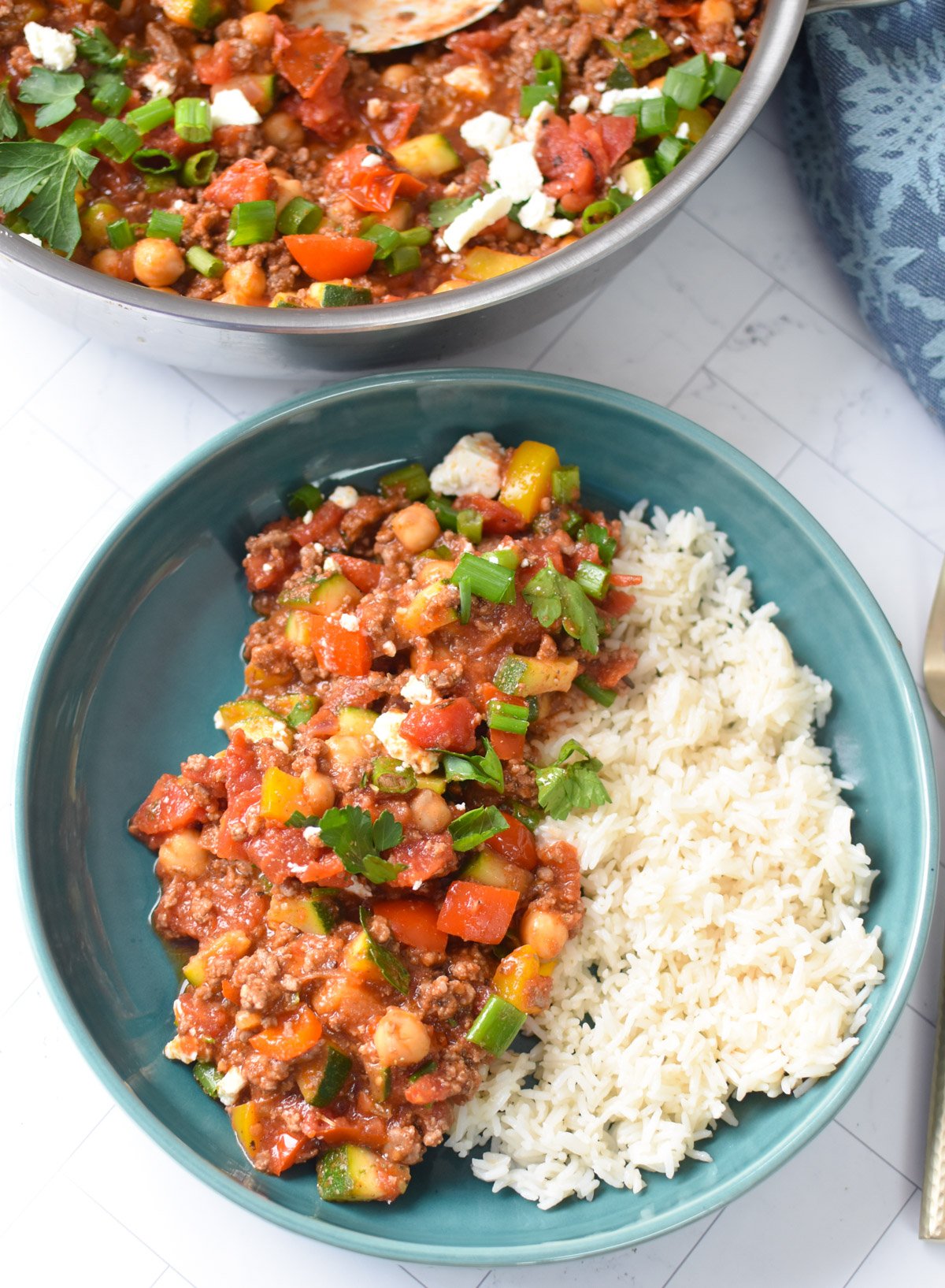 Mediterranean Ground Beef Skillet in a bowl 