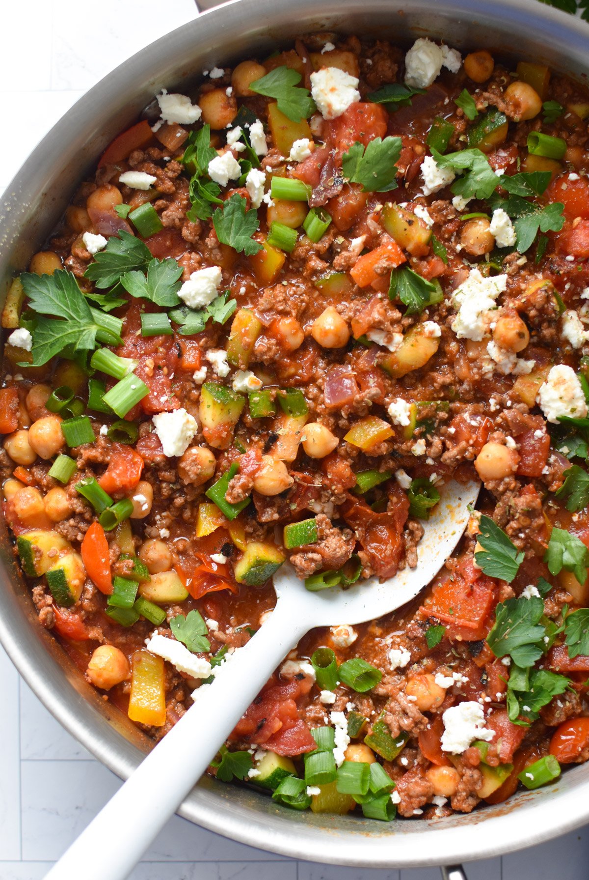 Mediterranean Ground Beef Skillet in a skillet