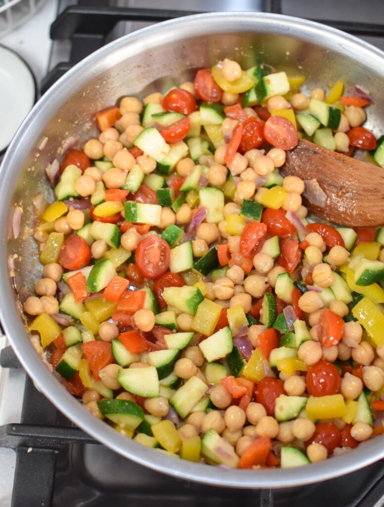 Mediterranean Ground Beef Skillet with vegetables in a skillet 