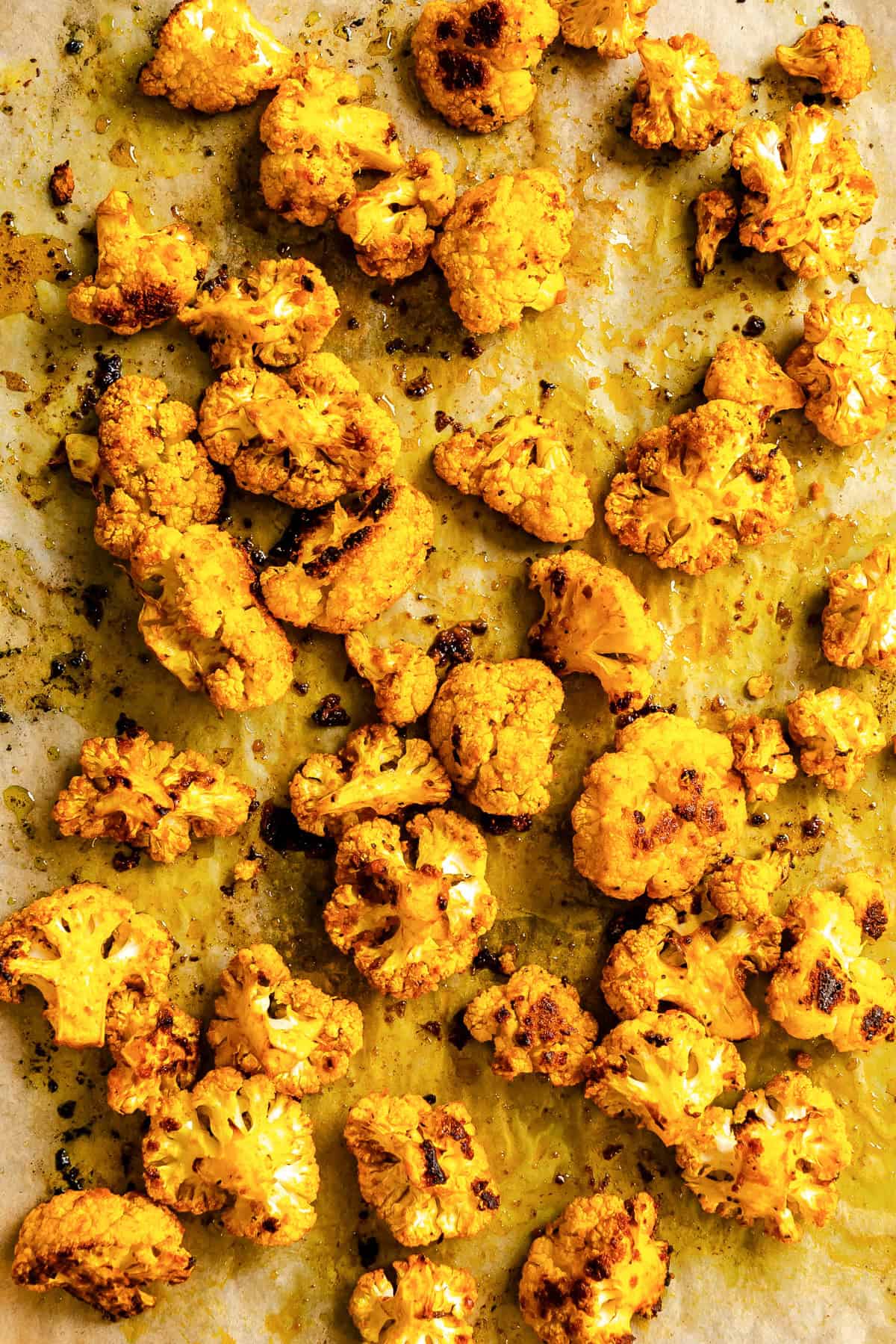Cauliflower on a baking sheet that is roasted 