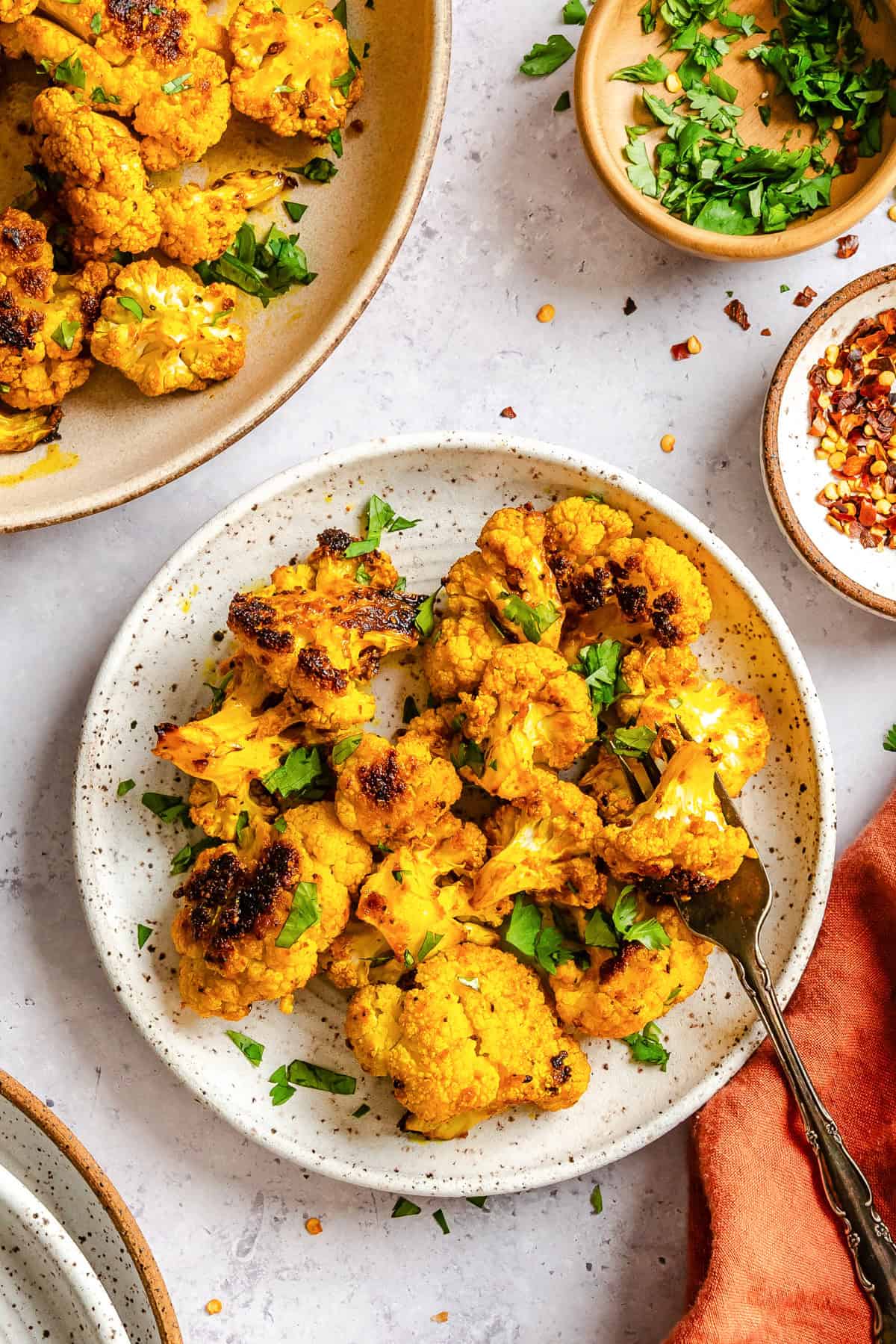 Golden cauliflower florets roasted with Lebanese spices including turmeric and coriander