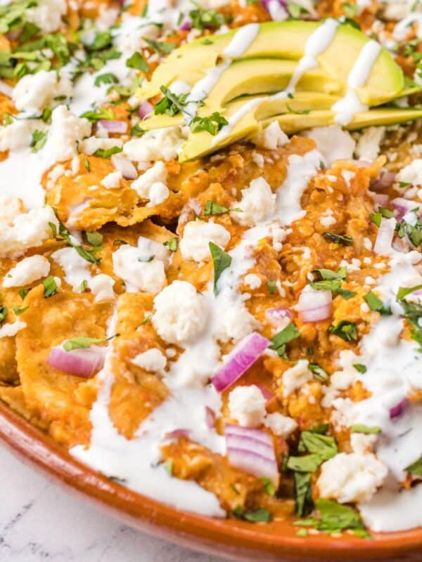 Chilaquiles Rojos on a platter 1200 x 1200