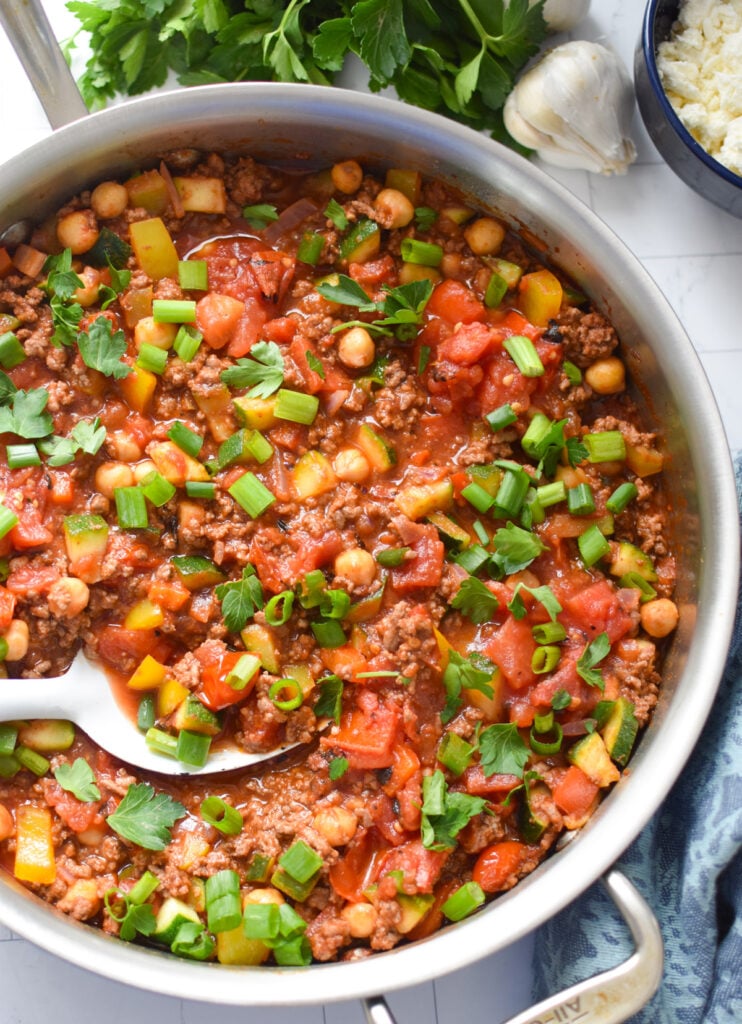 Mediterranean Ground Beef Skillet with spoon 