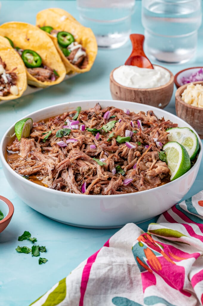 Slow Cooker Pulled Pork Tacos in a big bowl 