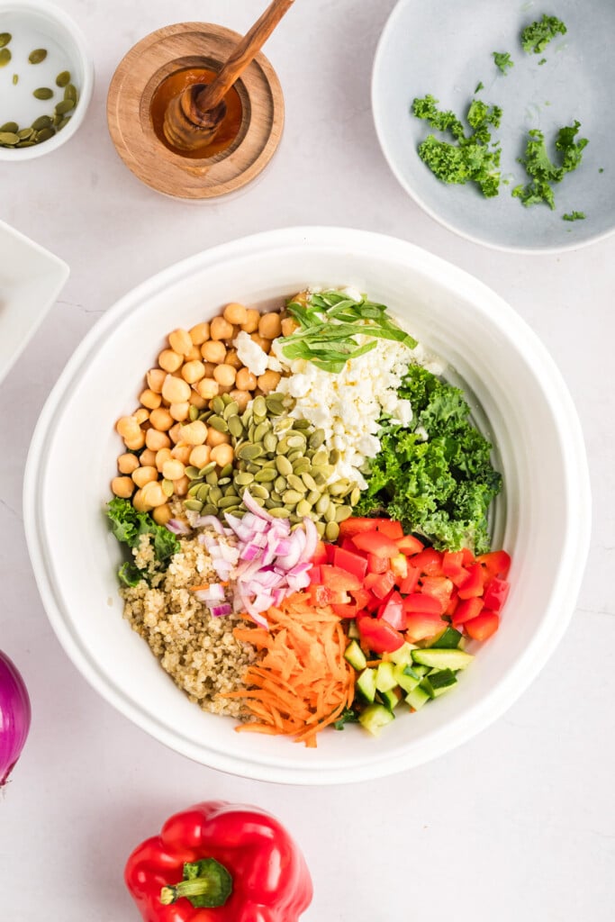 Kale Chickpea Salad ingredients in a bowl 