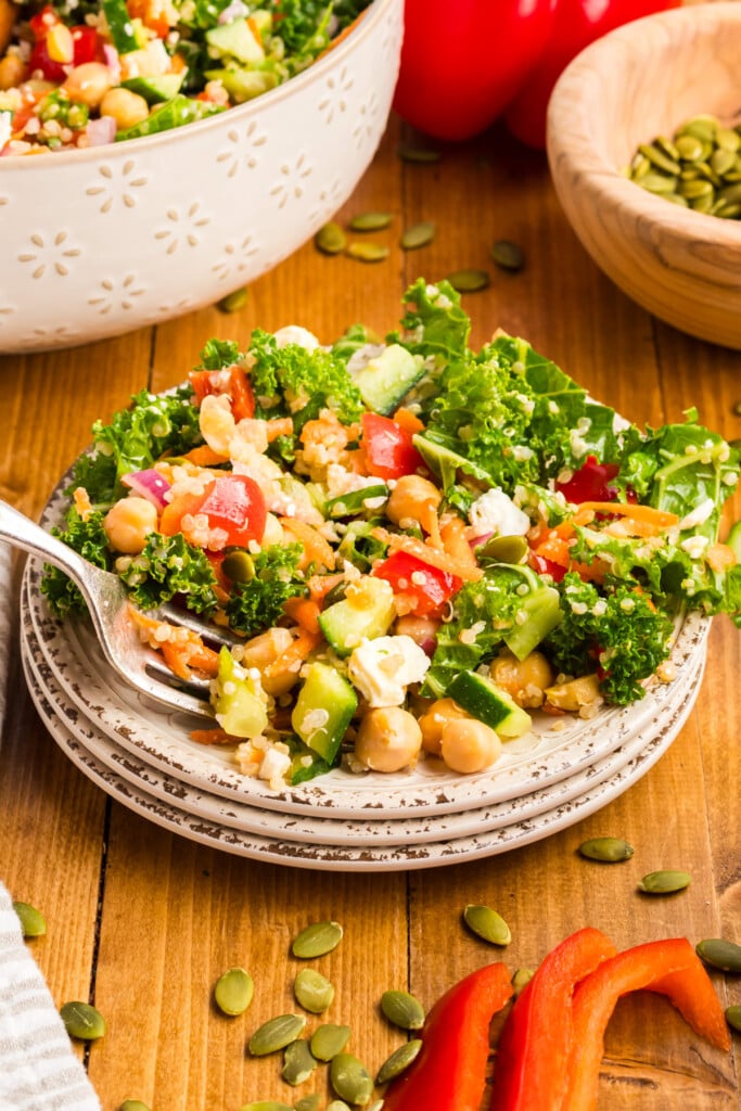 Kale Chickpea Salad on plate with fork