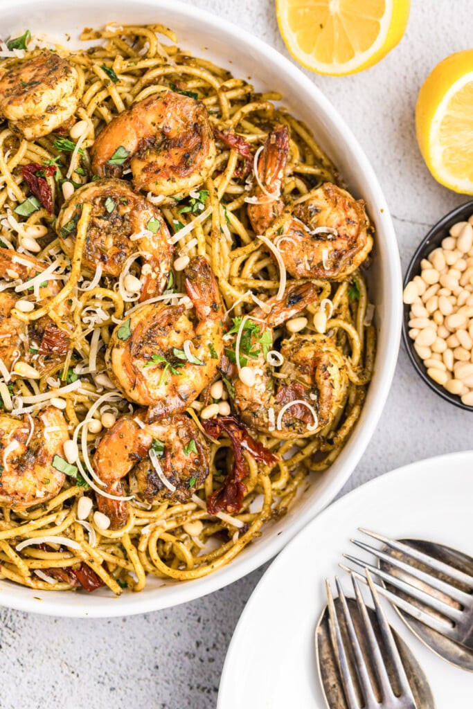 Shrimp Pesto Pasta in a bowl