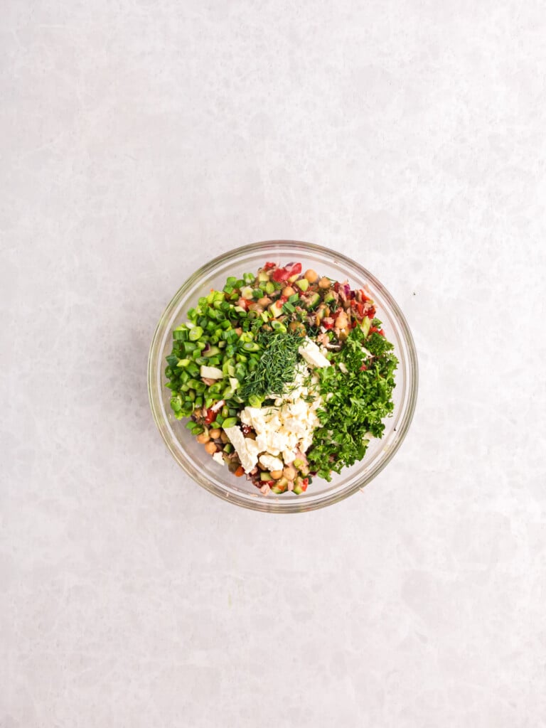 Mediterranean Tuna and Chickpea Salad ingredients in a bowl