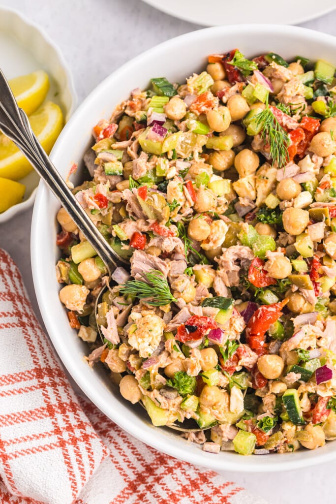 Mediterranean Tuna and Chickpea Salad with a spoon 