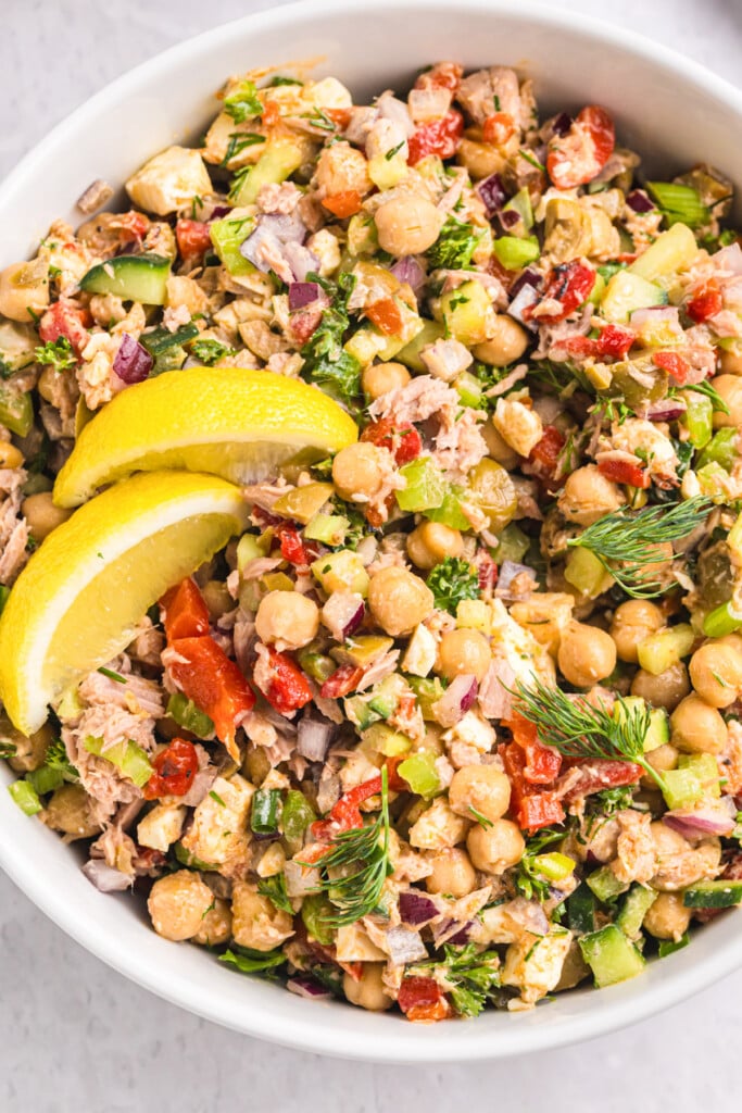 Mediterranean Tuna and Chickpea Salad in a big bowl 