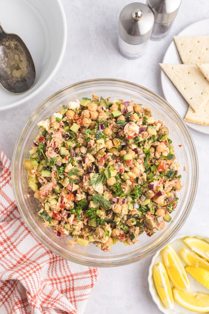 Mediterranean Tuna and Chickpea Salad in a clear bowl 