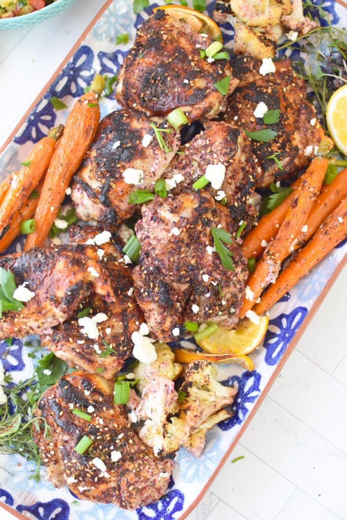 Sheet Pan Za’atar Chicken on white and blue platter 
