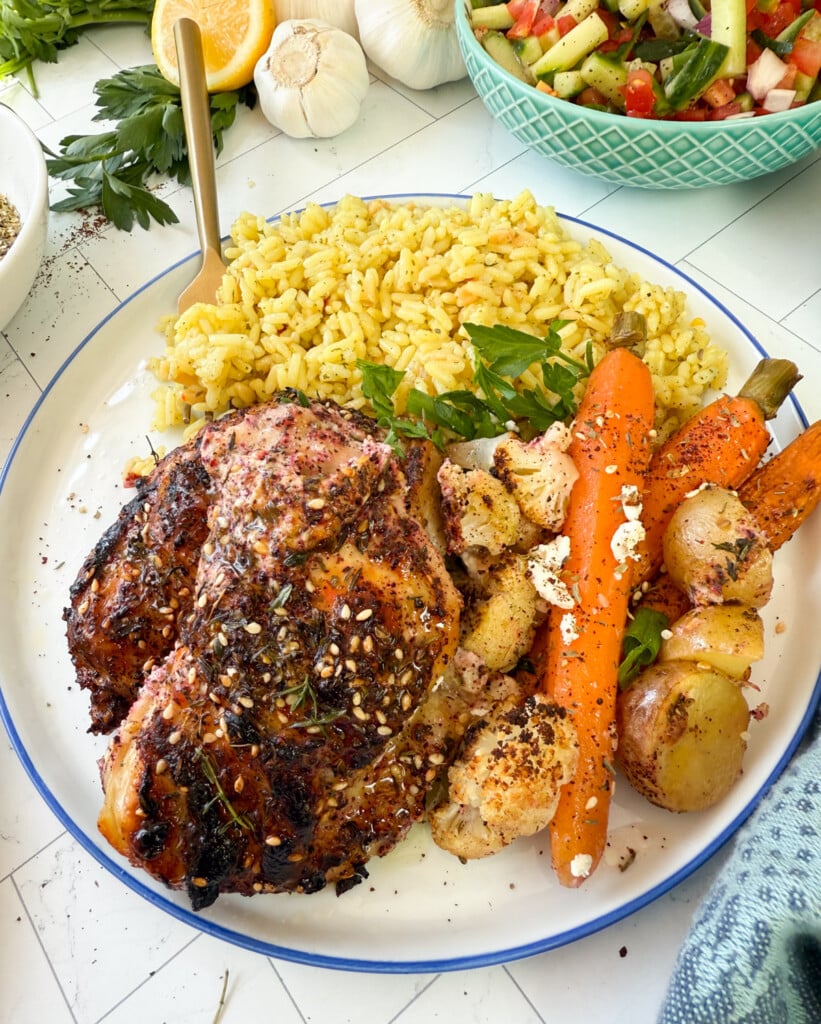 Sheet Pan Za’atar Chicken on plate with blue rim