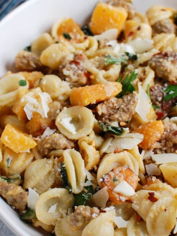 Creamy Butternut Squash Pasta in white bowl