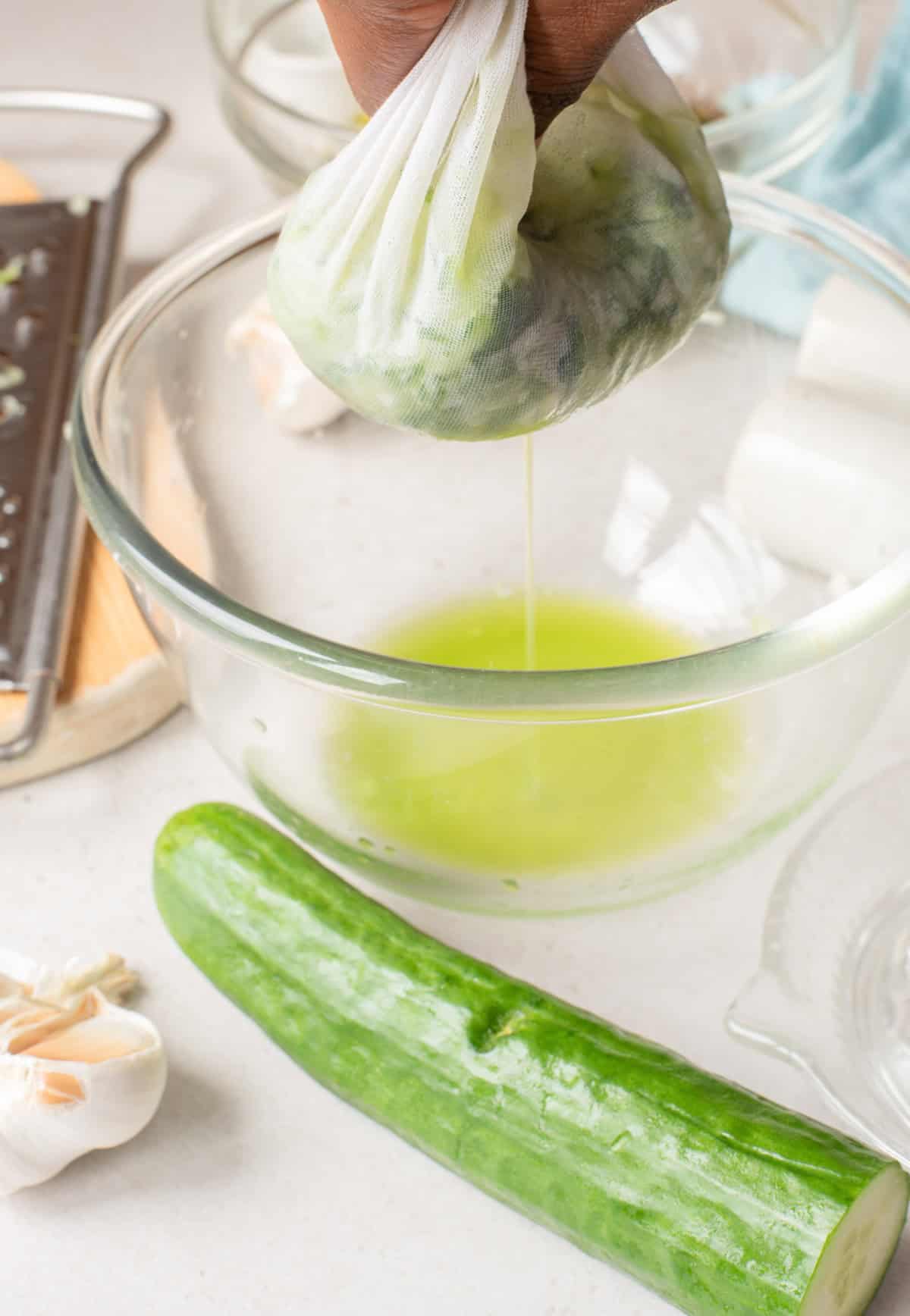 Greek Style Yogurt Dip draining cucumber 