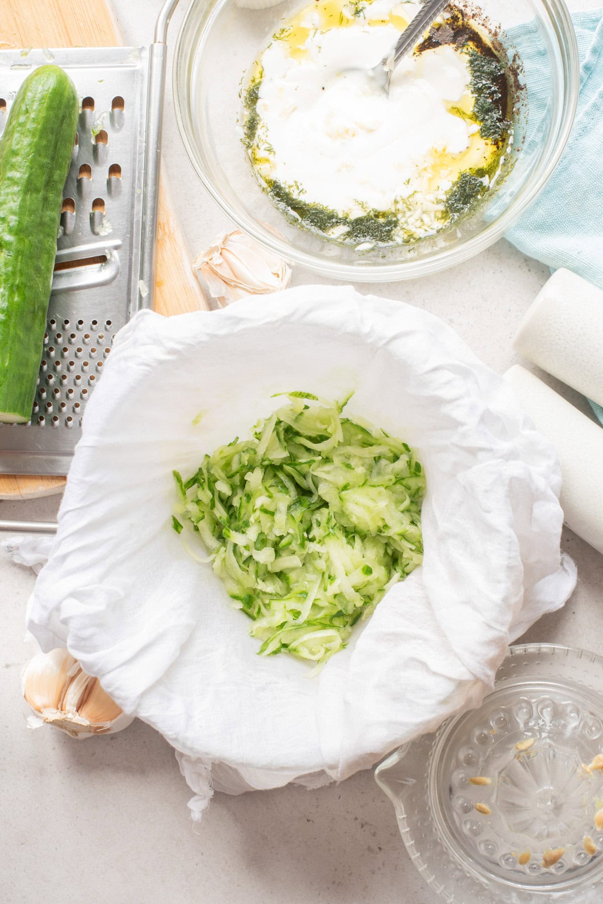 Easy Homemade Tzatziki Sauce cucumber in a dish 