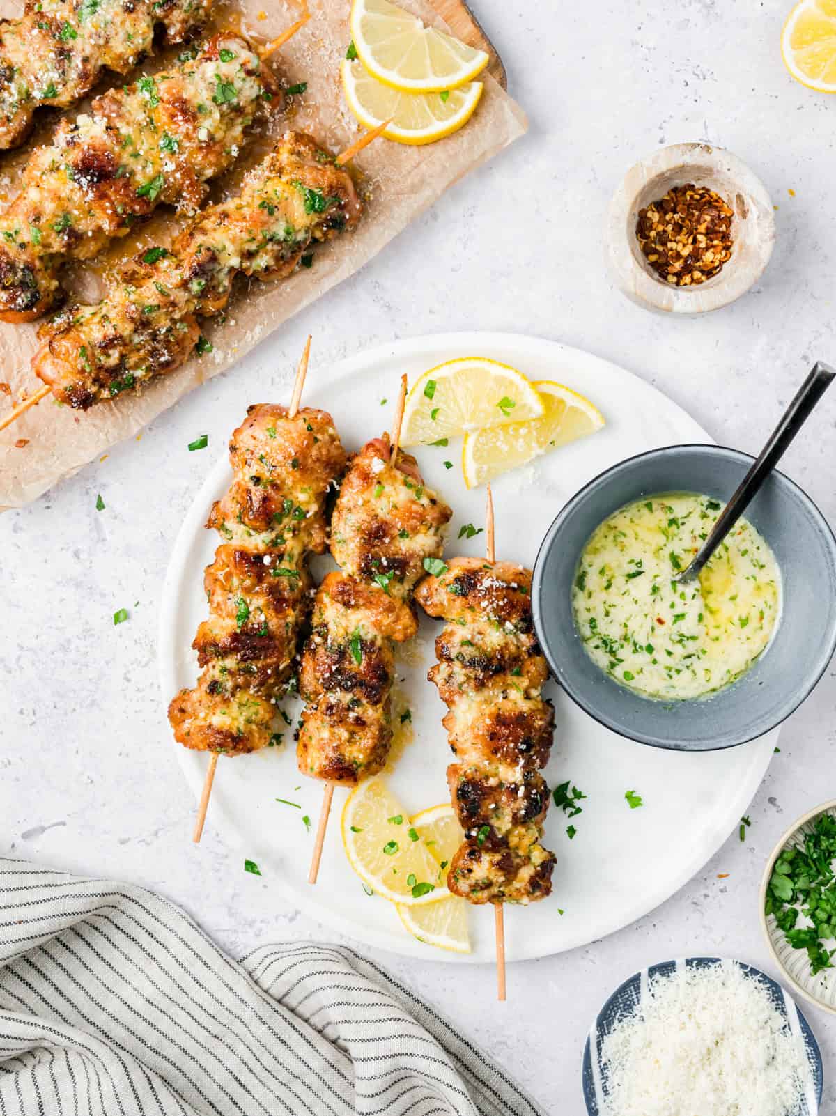 Garlic Parmesan Grilled Chicken Skewers with Lemon and Parsley 