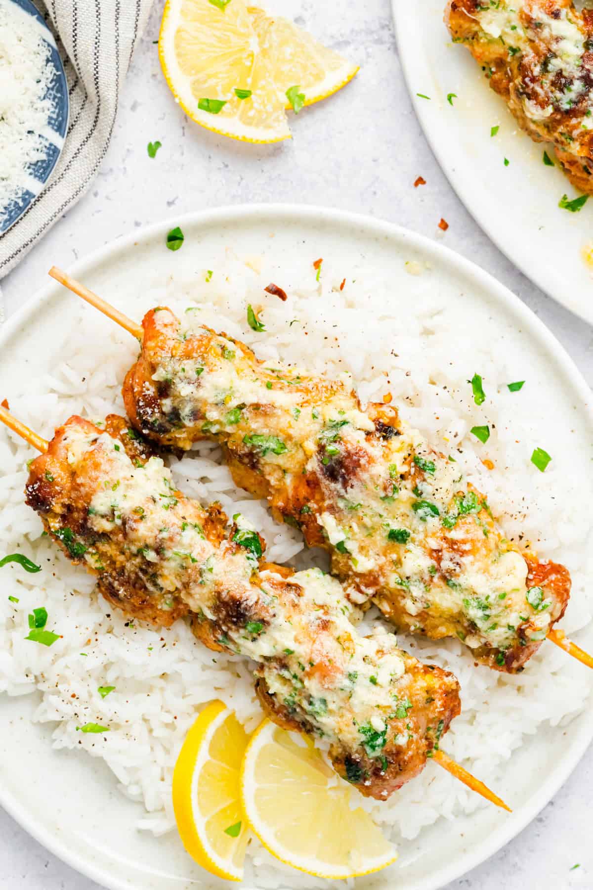 Juicy Grilled Chicken Skewers Brushed with Garlic Parmesan Butter Sauce 
