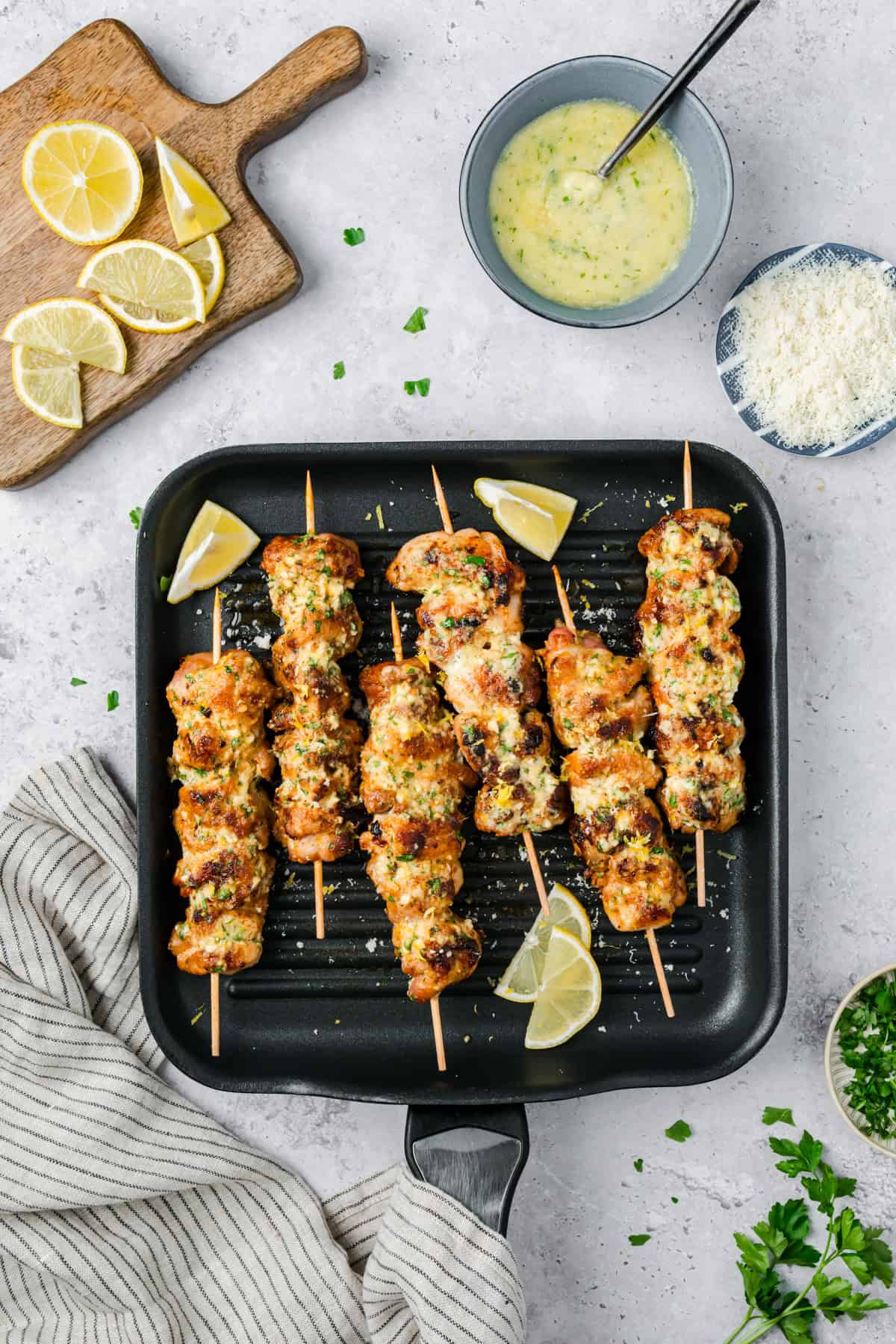 Garlic Parmesan Chicken Skewers on grill pan 