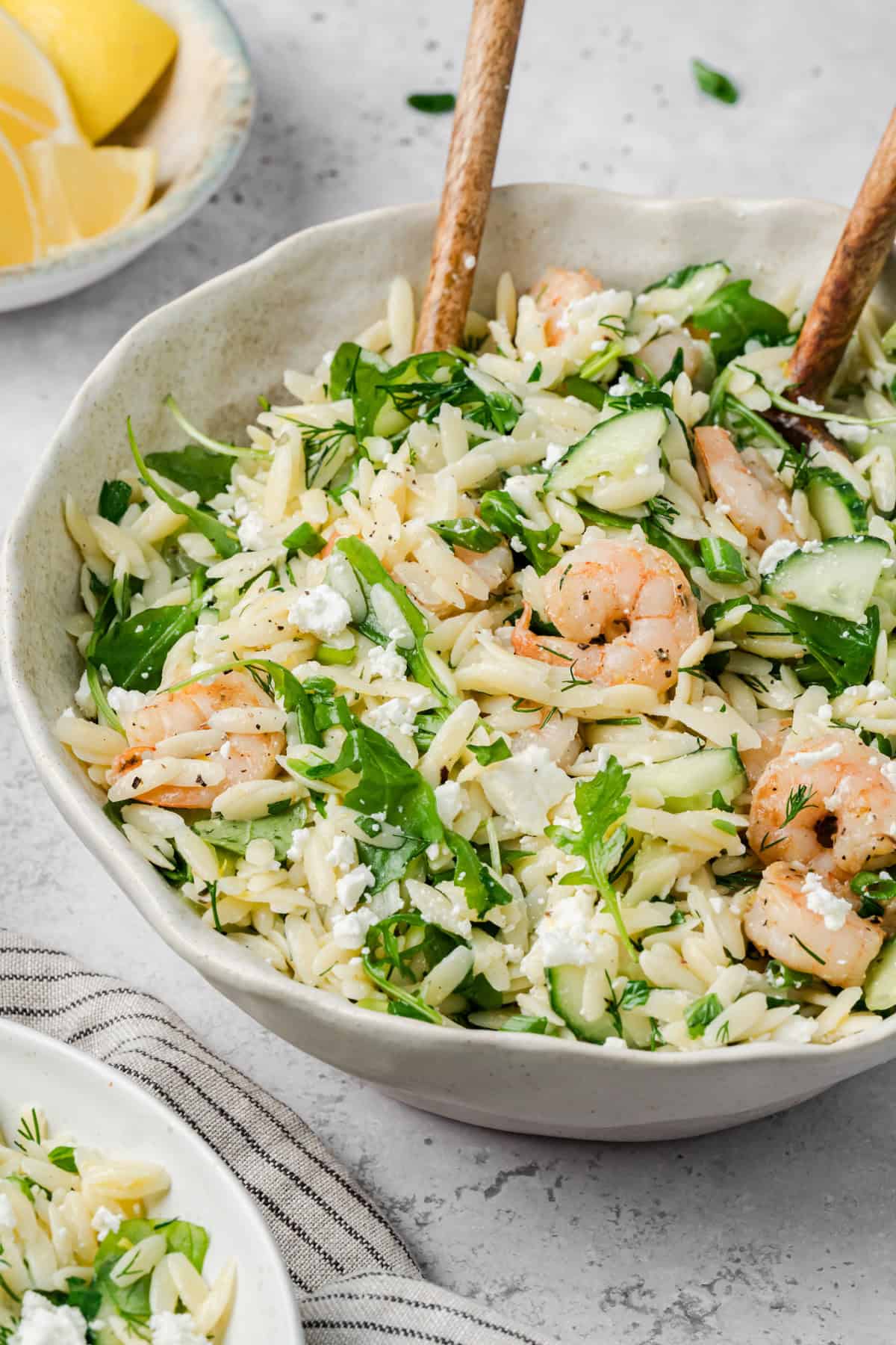 Lemon Shrimp Orzo Salad in a large white bowl
