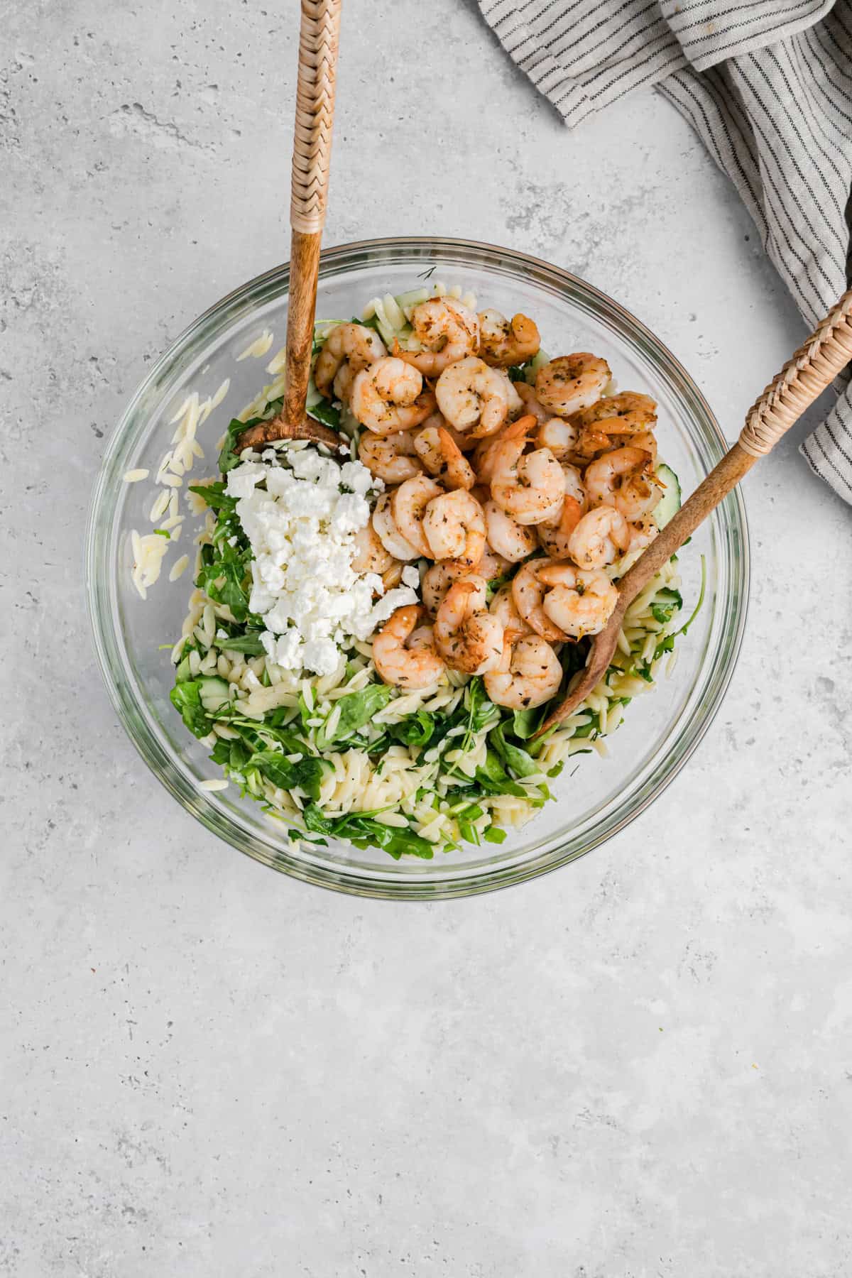 Easy Shrimp and Orzo Salad ingredients in a clear bowl
