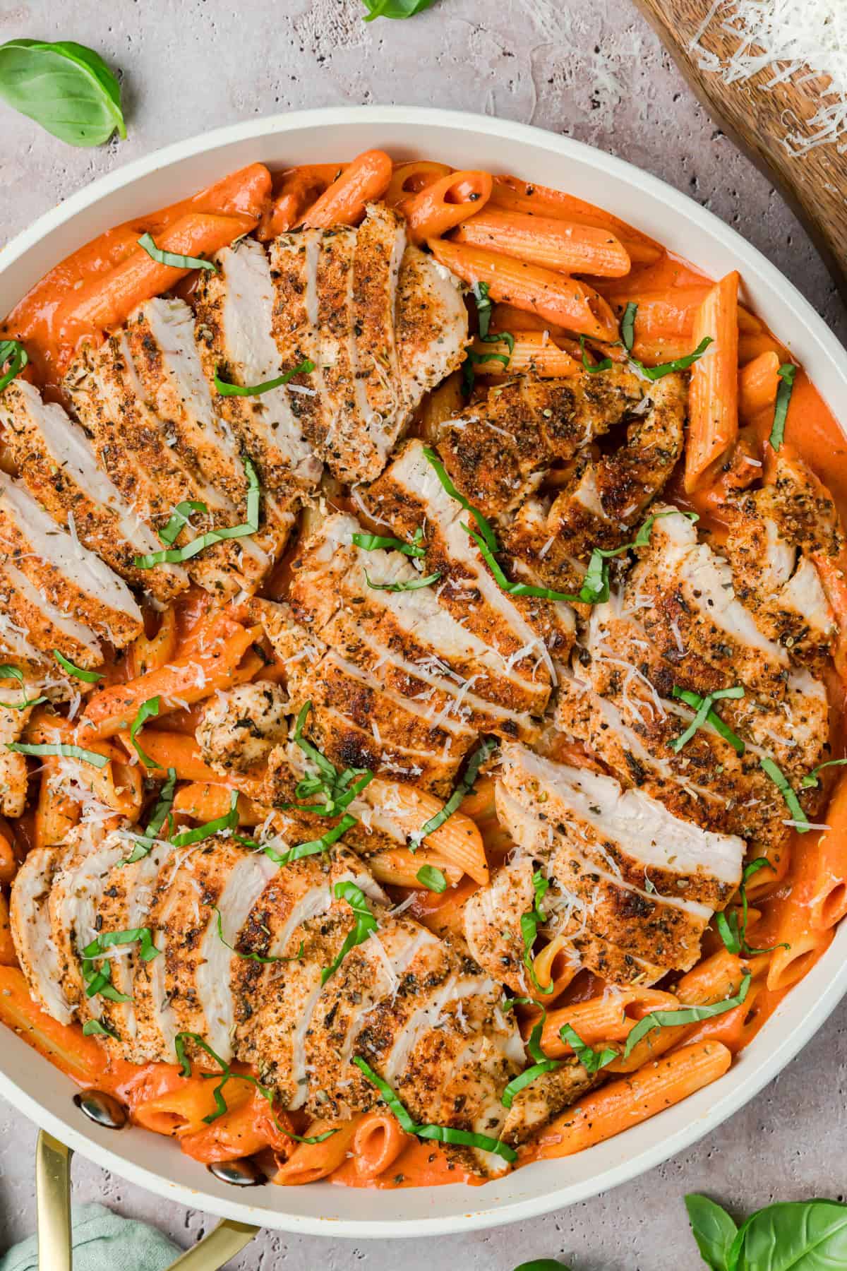 One-Pan Creamy Chicken Tomato Pasta in a skillet