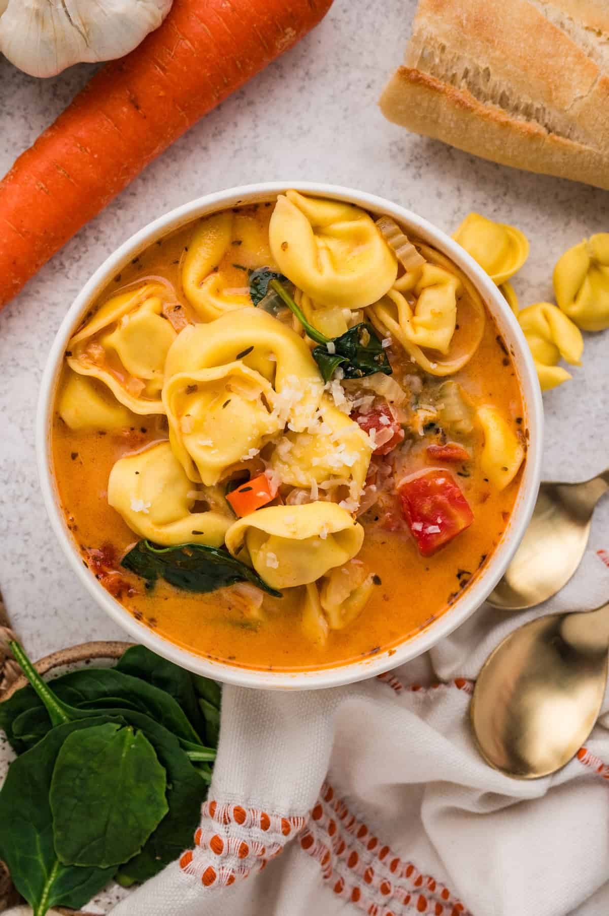One-Pot Creamy Tortellini Soup with white bowl