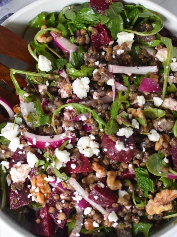 Lentil and Beet Salad in a white bowl