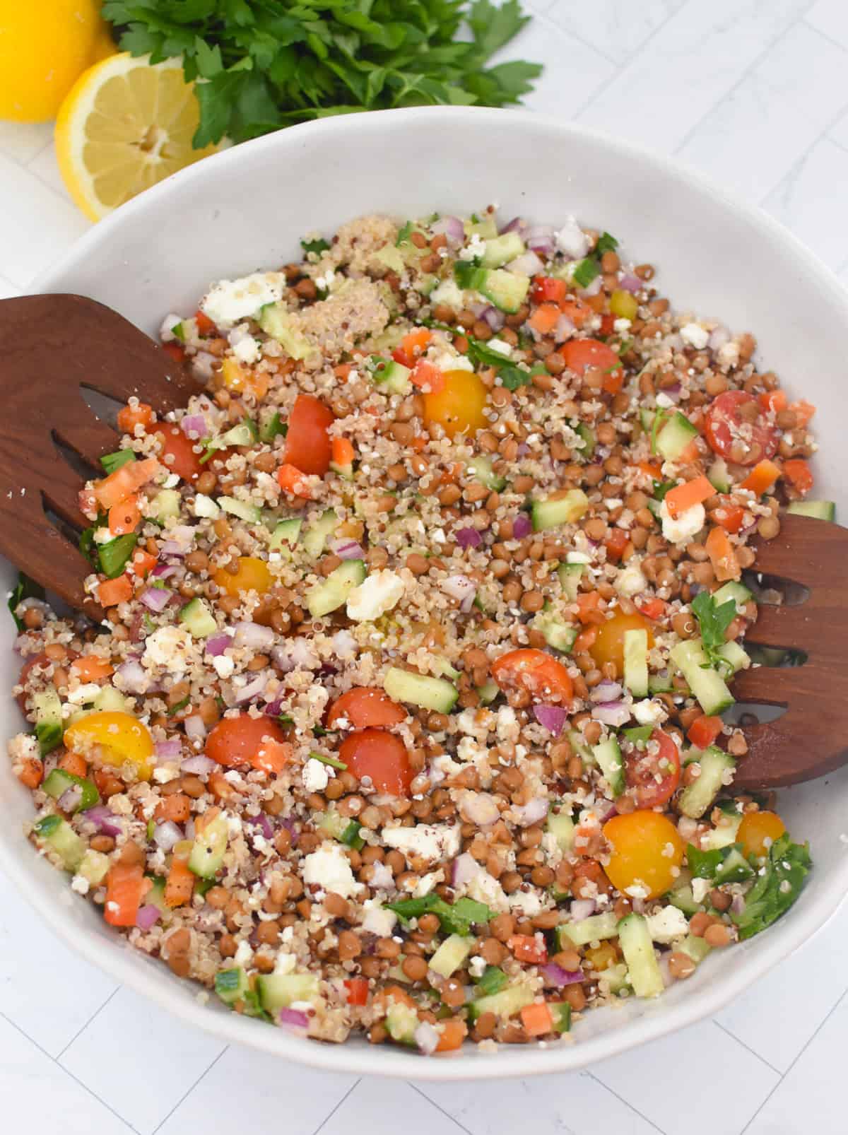 Vegetarian lentil quinoa salad with parsley and mint

