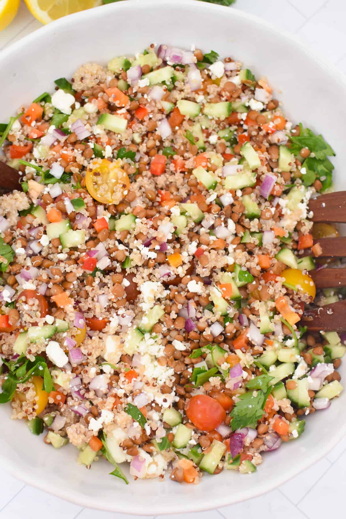 Lentil Quinoa Salad with Fresh Vegetables and Lemon Dressing 