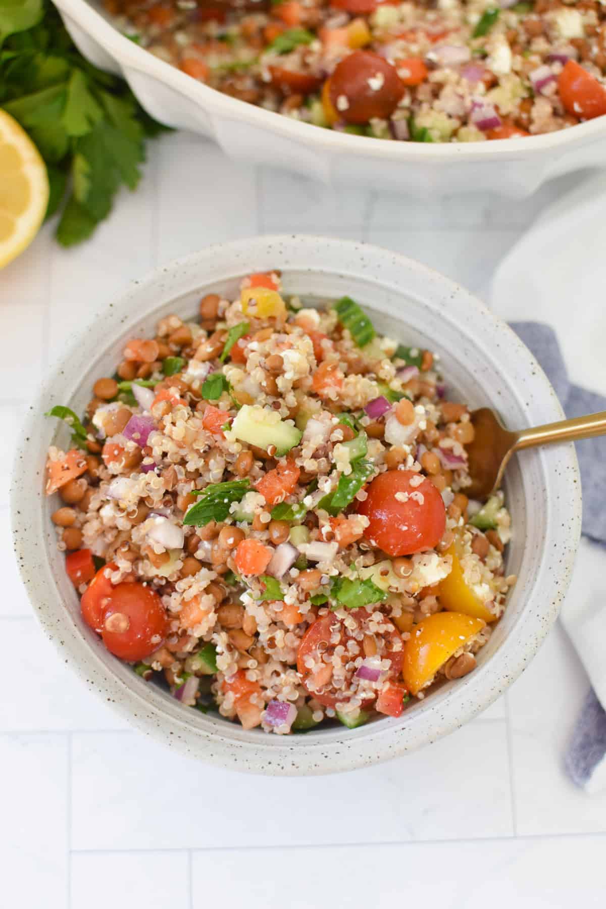 Protein-packed lentil and quinoa salad in a bowl
