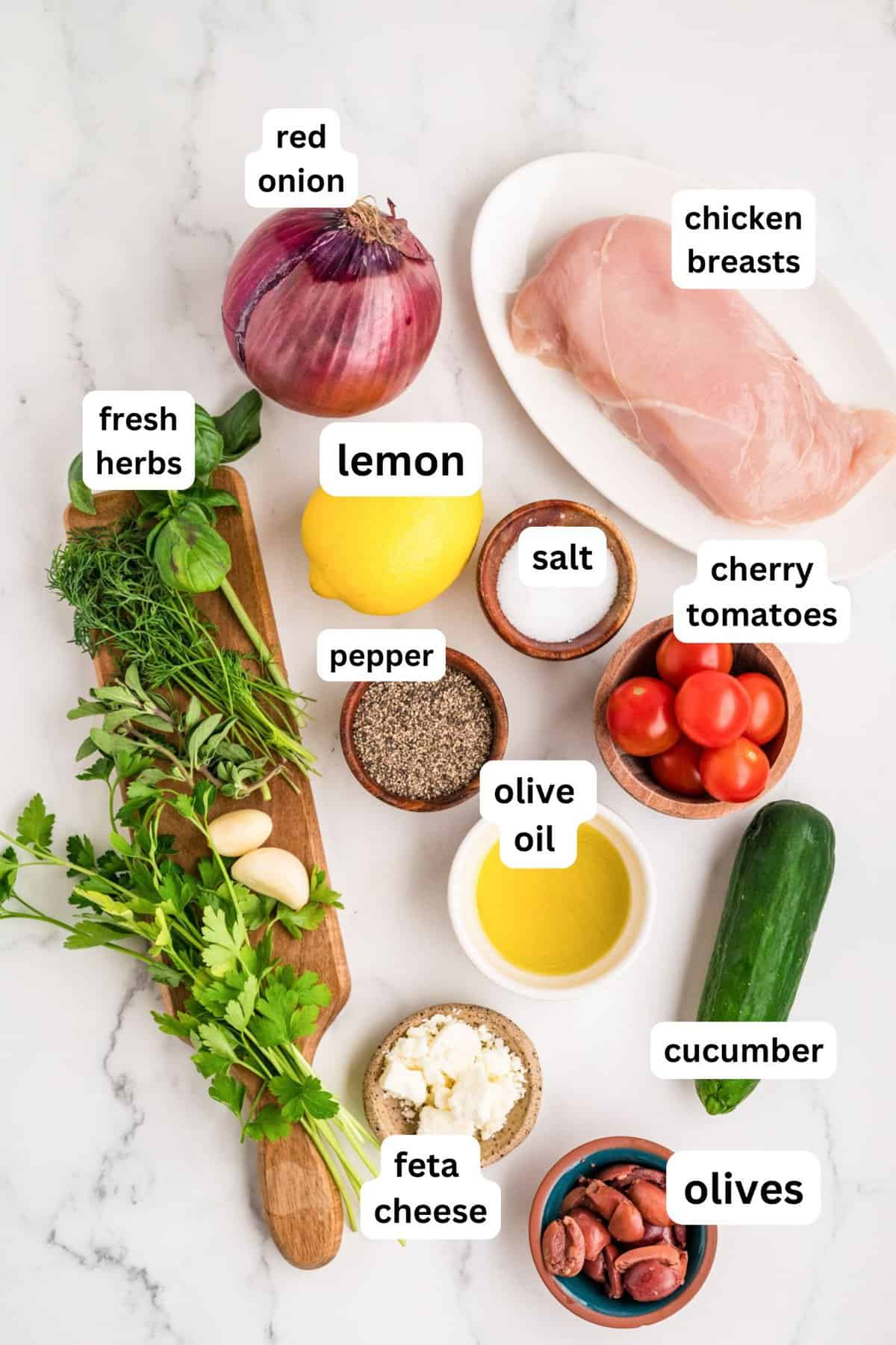 Lemon olive oil fresh parsley dill oregano and basil for grilled Mediterranean chicken marinade