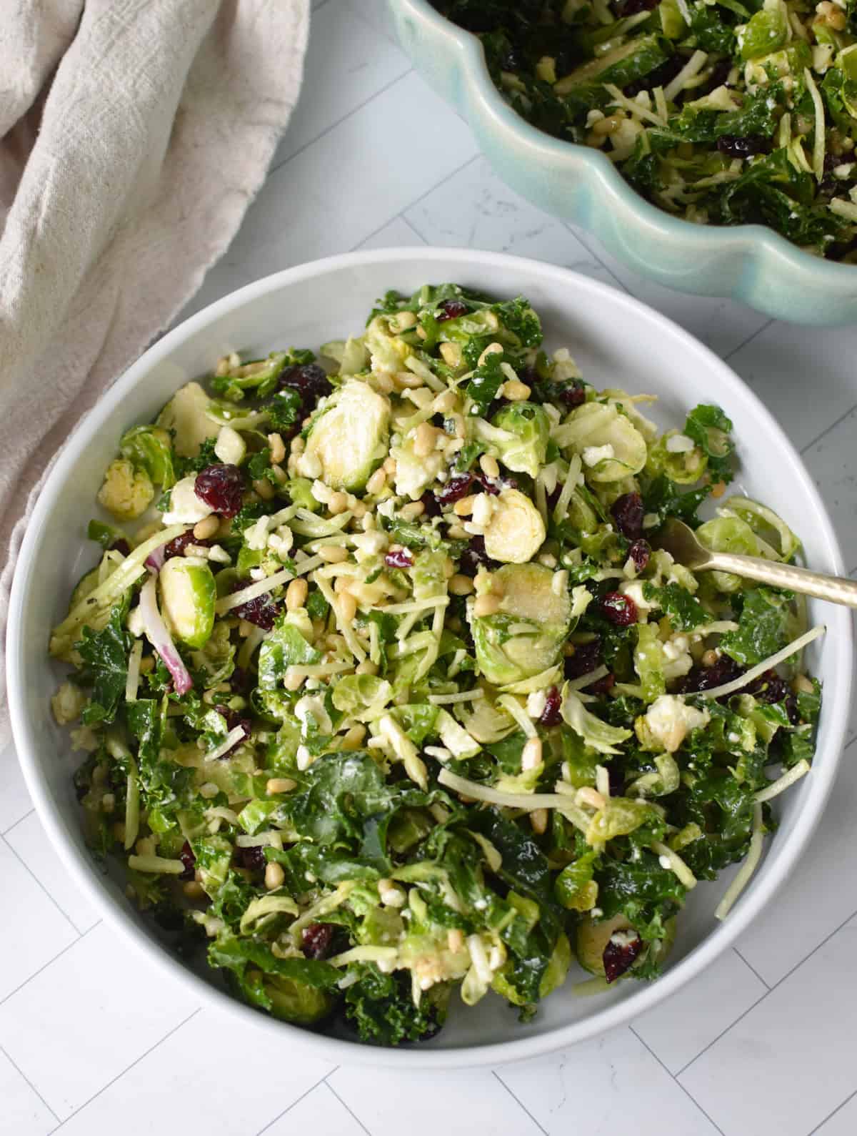 Green Leafy Salad with shredded kale, brussels sprouts and cranberries
