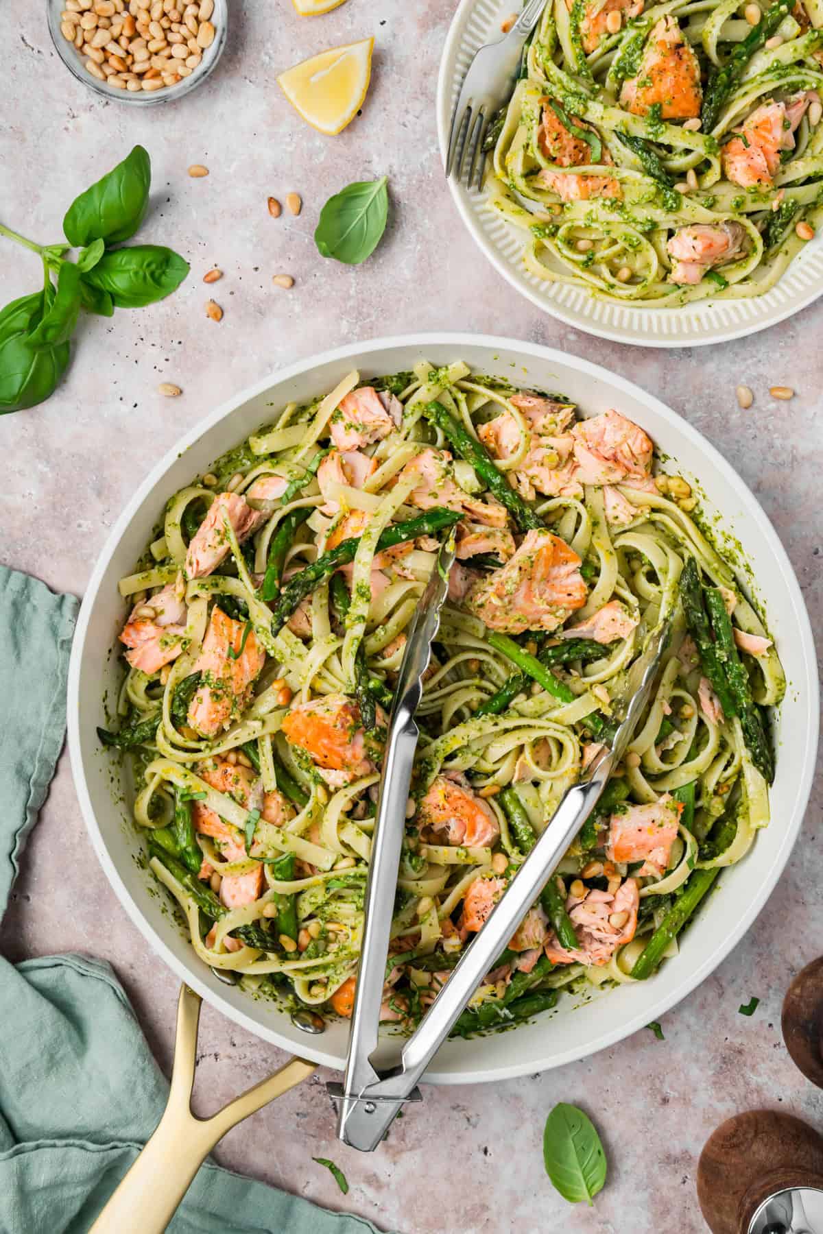 Pesto Pasta with Salmon in a skillet