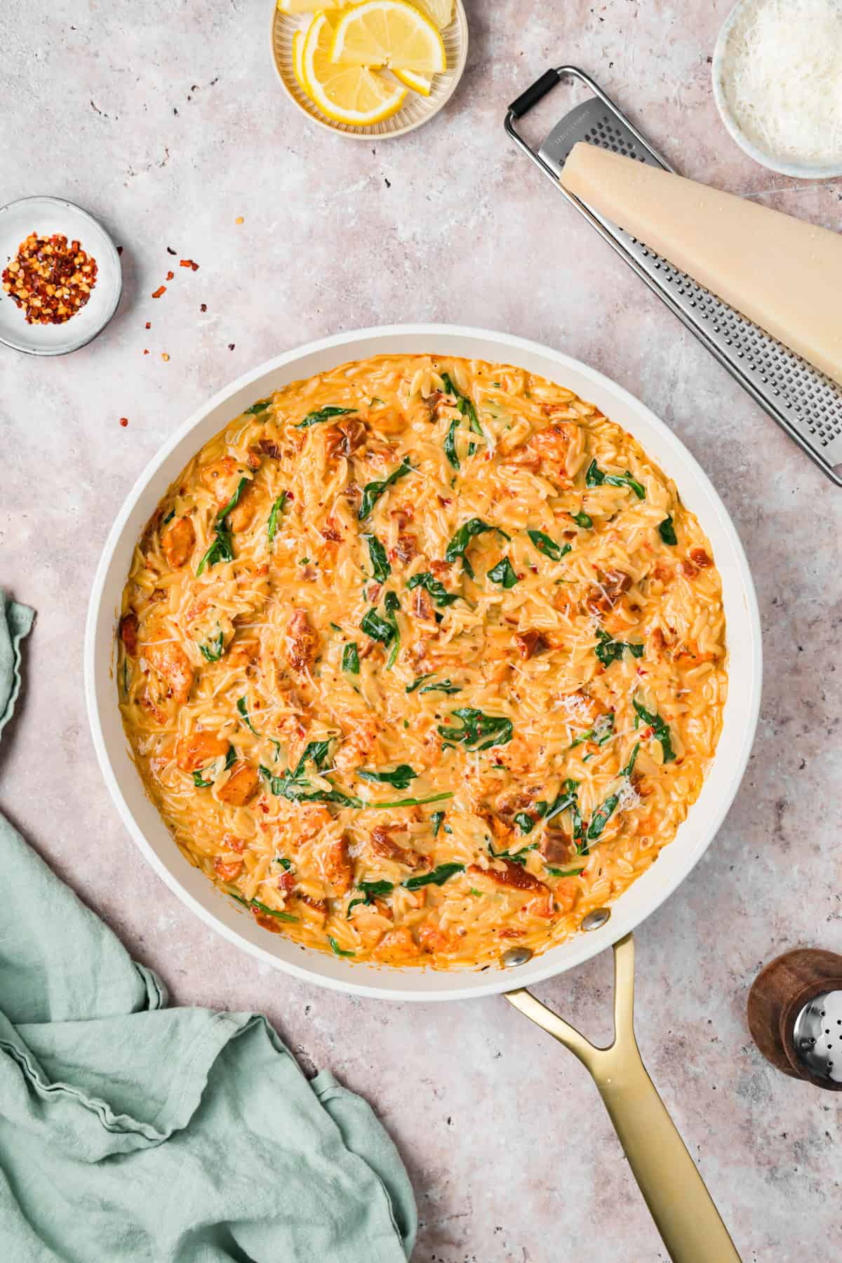 Flavorful Marry Me Chicken Orzo in a skillet