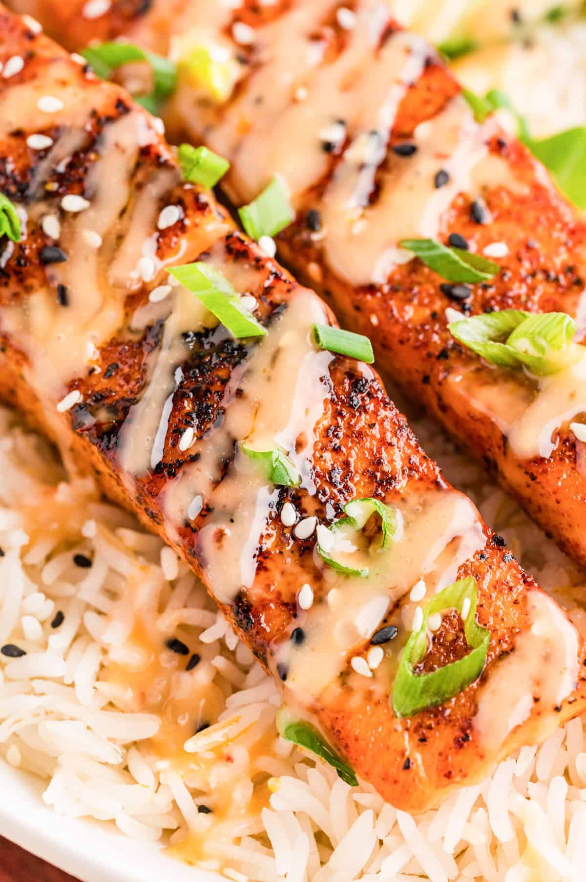 Up Close Bang Bang Salmon with Sauce and Green Onions