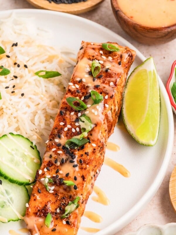 Bang Bang Salmon on a white plate