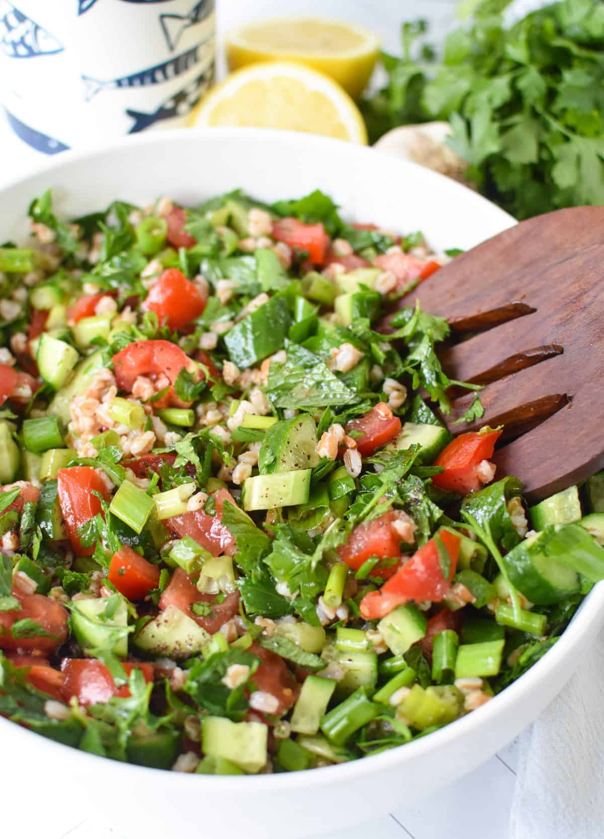 Lebanese-inspired farro tabbouleh salad with lemon vinaigrette