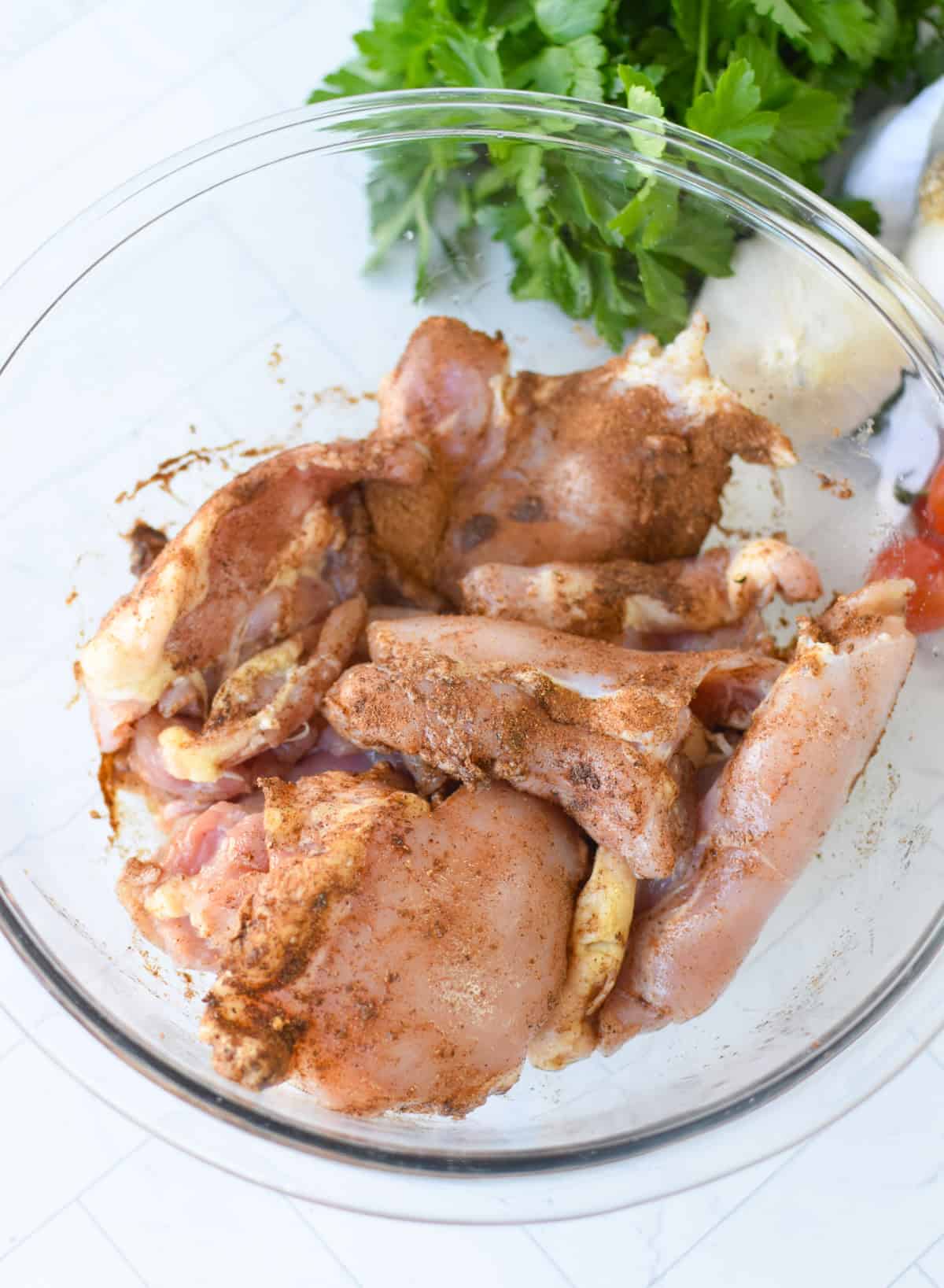 Lebanese Chicken in a glass bowl