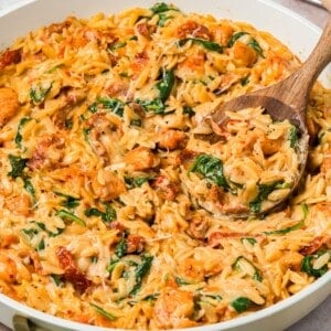 Easy Marry Me Orzo with Chicken in a skillet