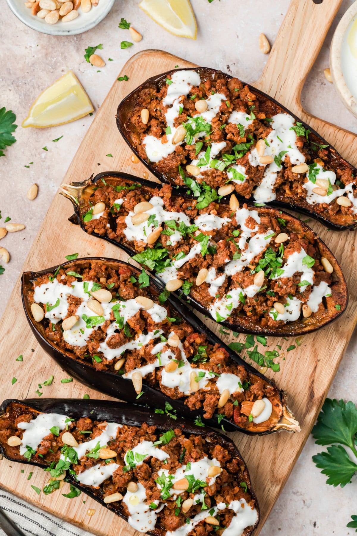 Easy Mediterranean Stuffed Eggplant with Yogurt Sauce