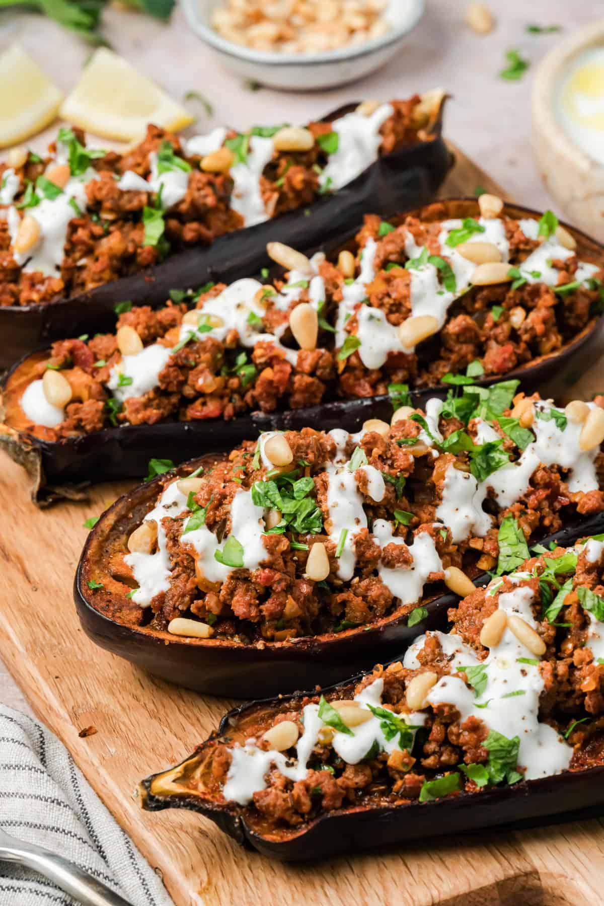 Up Close Mediterranean Ground Beef Stuffed Eggplant