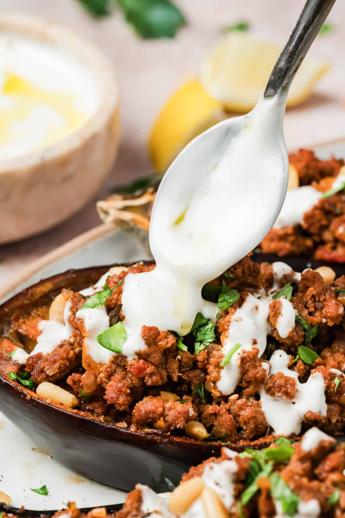 Garlic Yogurt Sauce drizzled on Eggplant