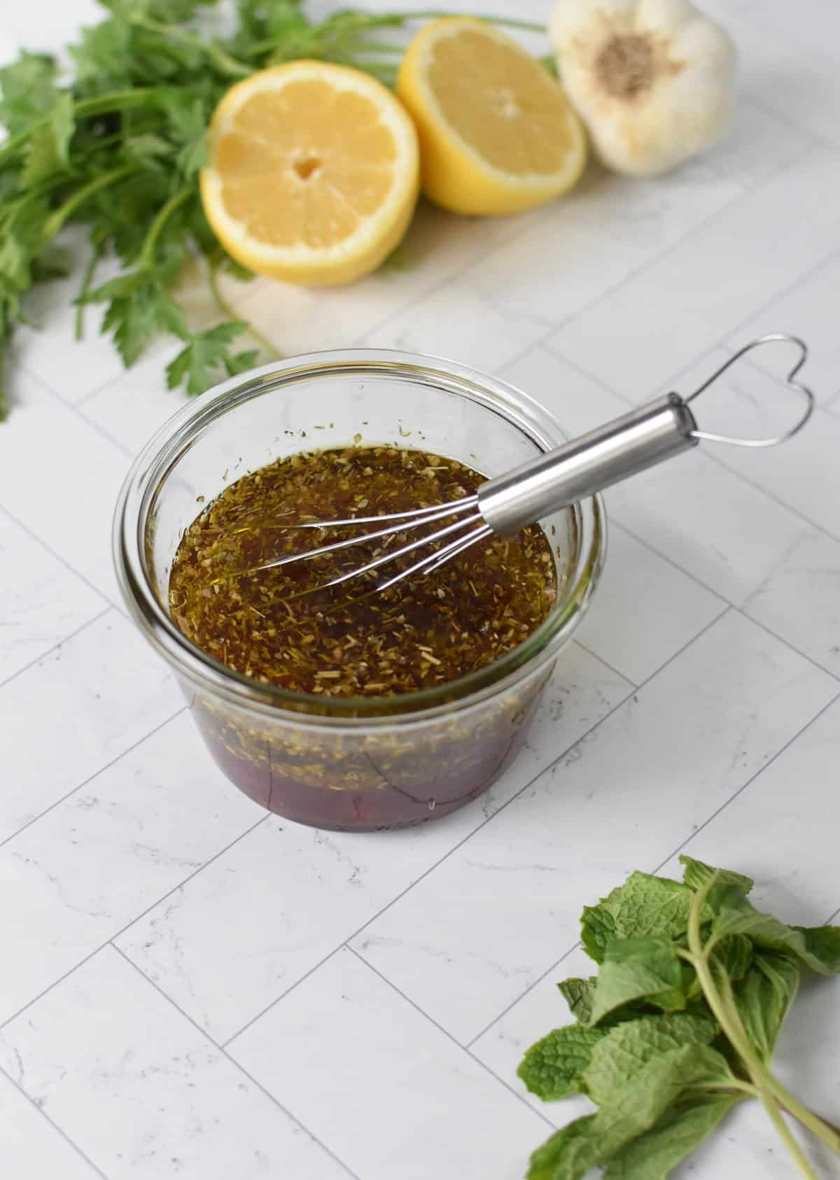 Bow Tie Pasta Salad dressing in a mason jar